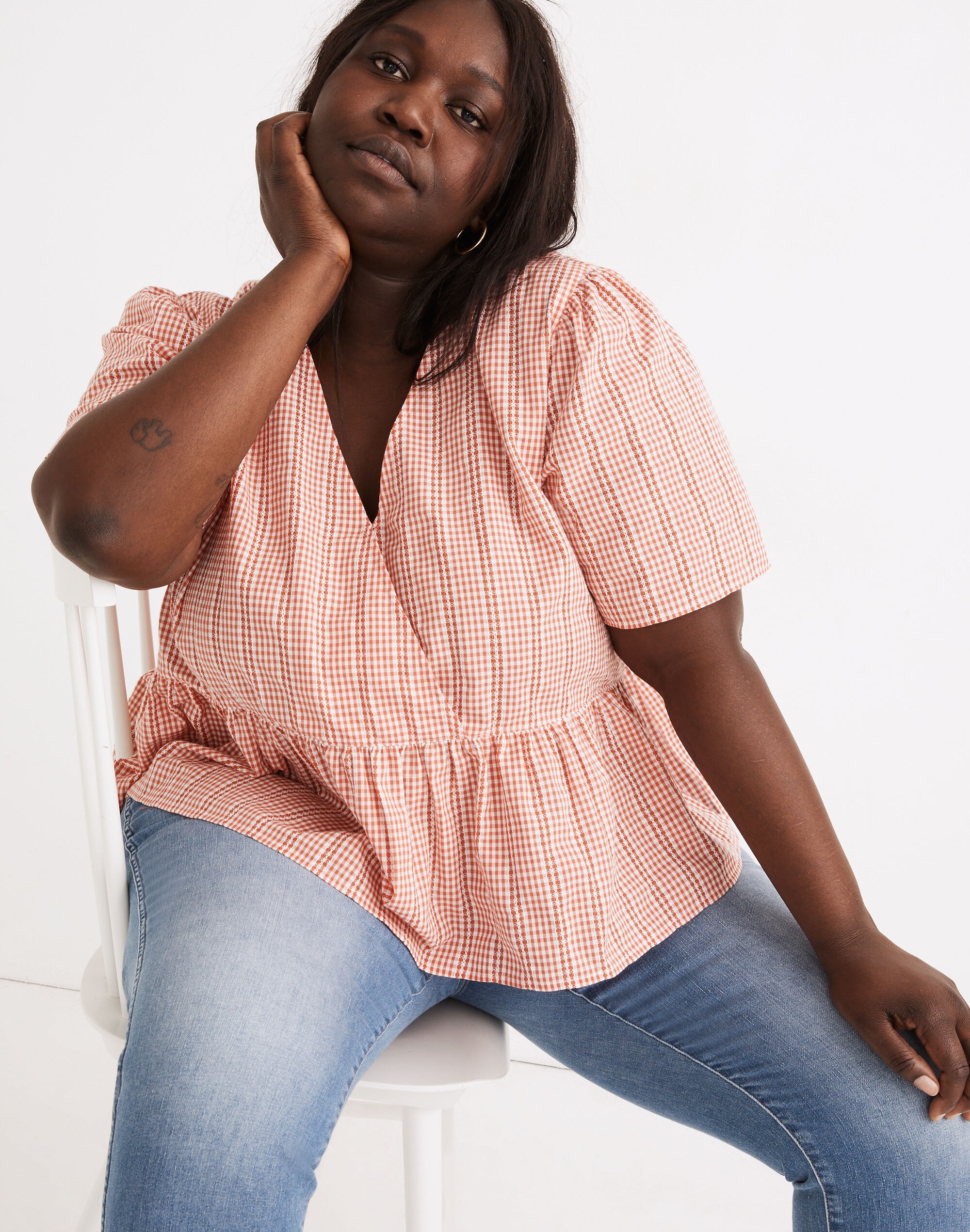 Plus Crossover Peplum Top in Textured Gingham Check