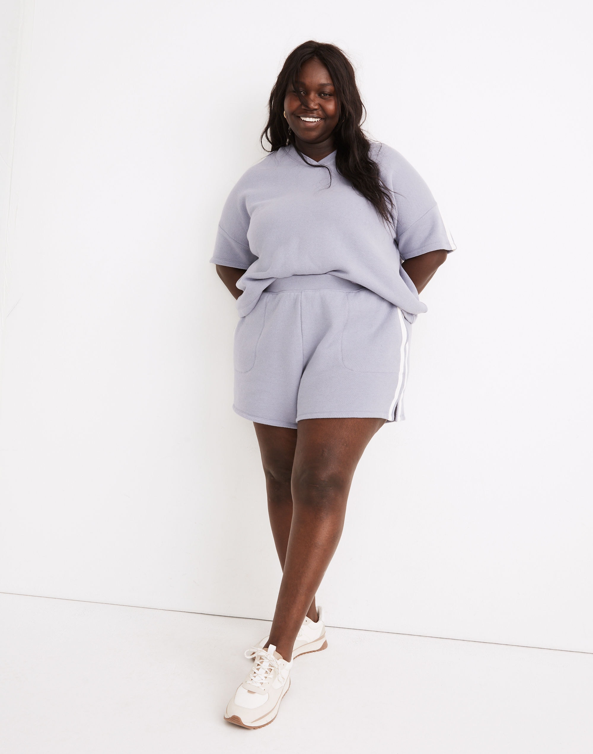 Plus MWL Airyterry Stitched-Pocket Sweatshorts: Varsity-Striped Edition