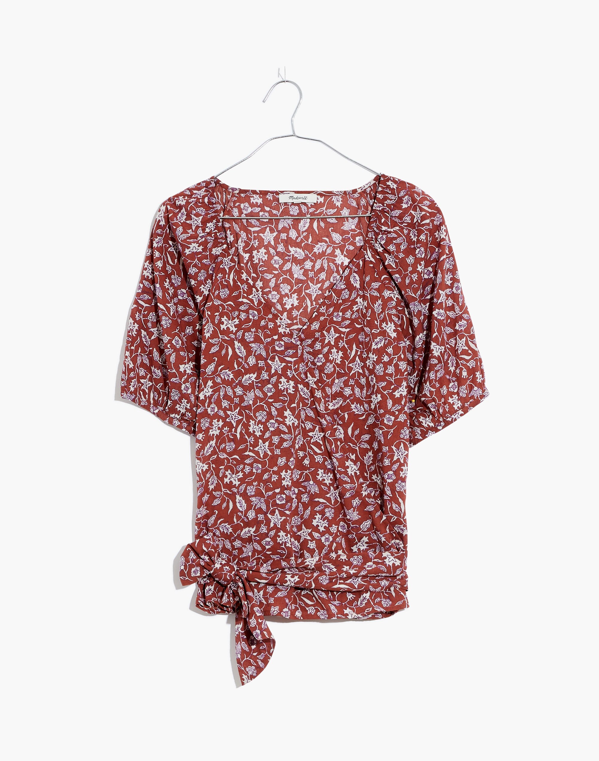 Plus Puff-Sleeve Wrap Crop Top in Batik Vine