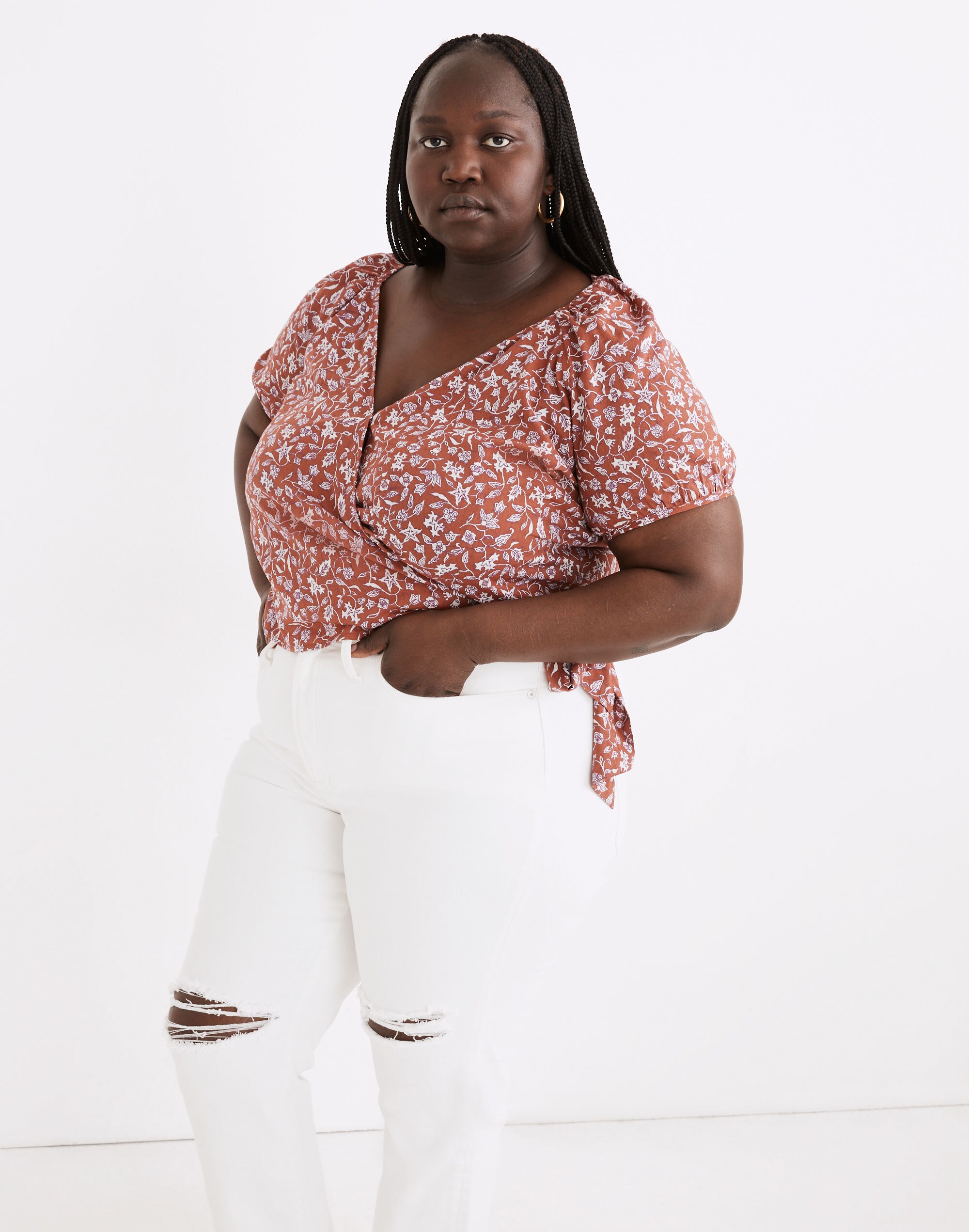 Plus Puff-Sleeve Wrap Crop Top in Batik Vine