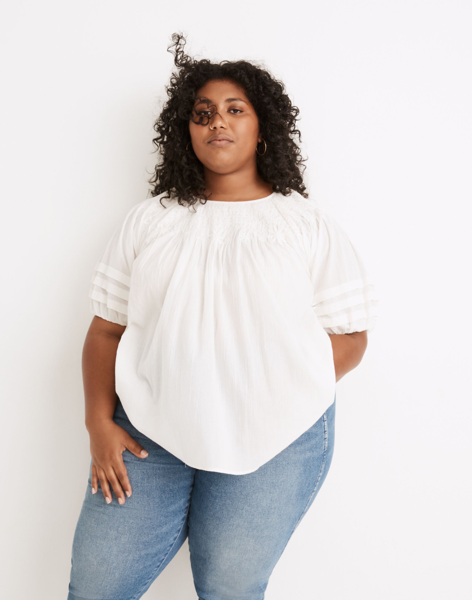 Plus Embroidered Smocked Top