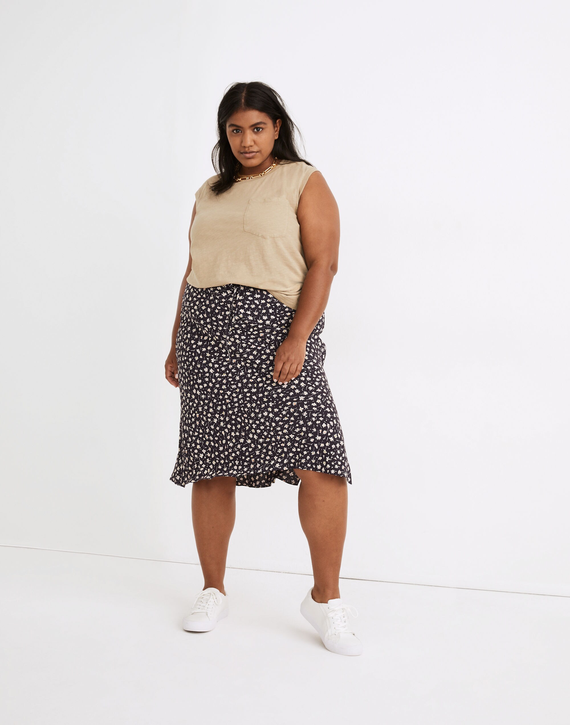 Plus Drawstring Midi Slip Skirt in Sweet Floral
