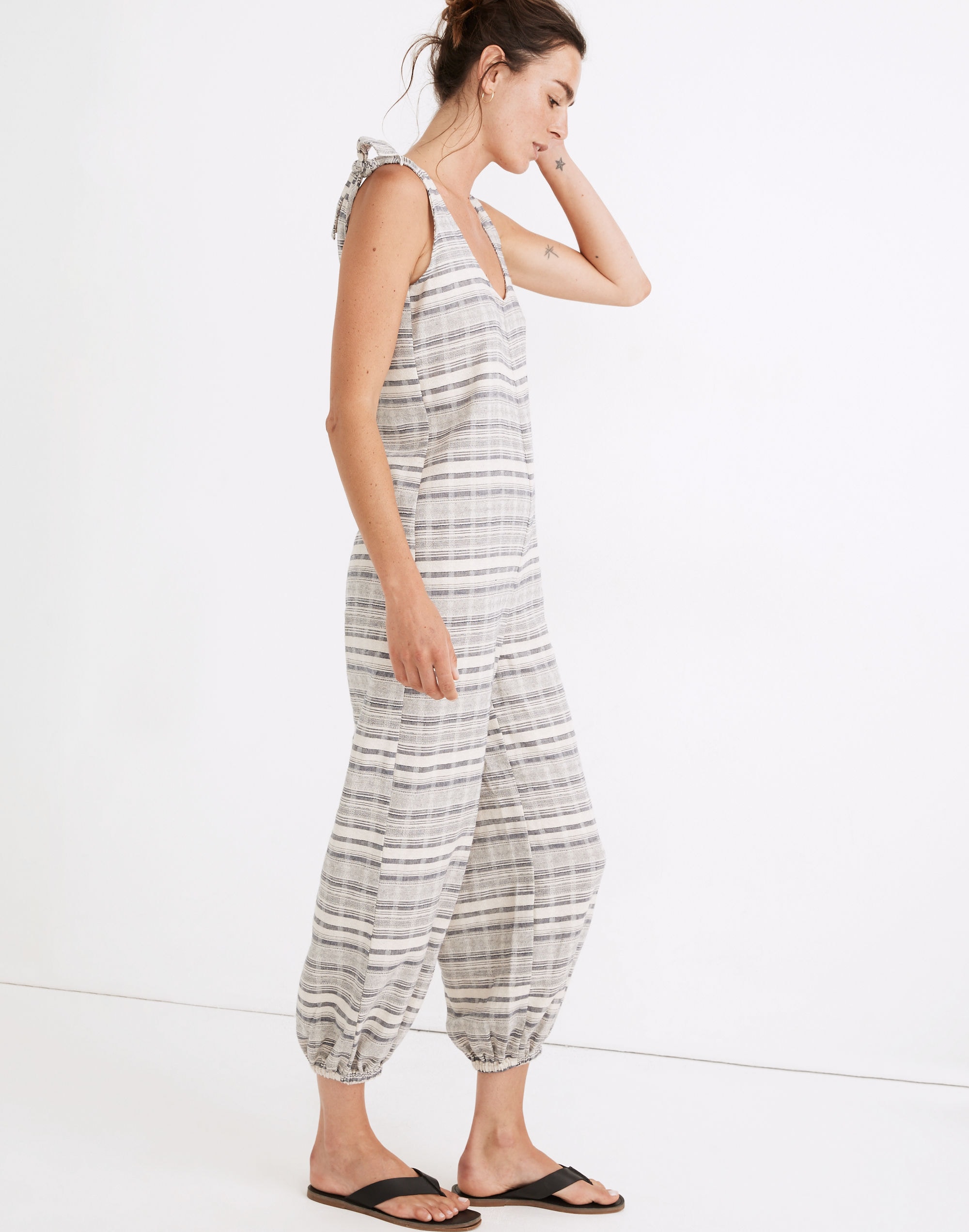 Tie-Strap Balloon Cover-Up Jumpsuit in Stripe