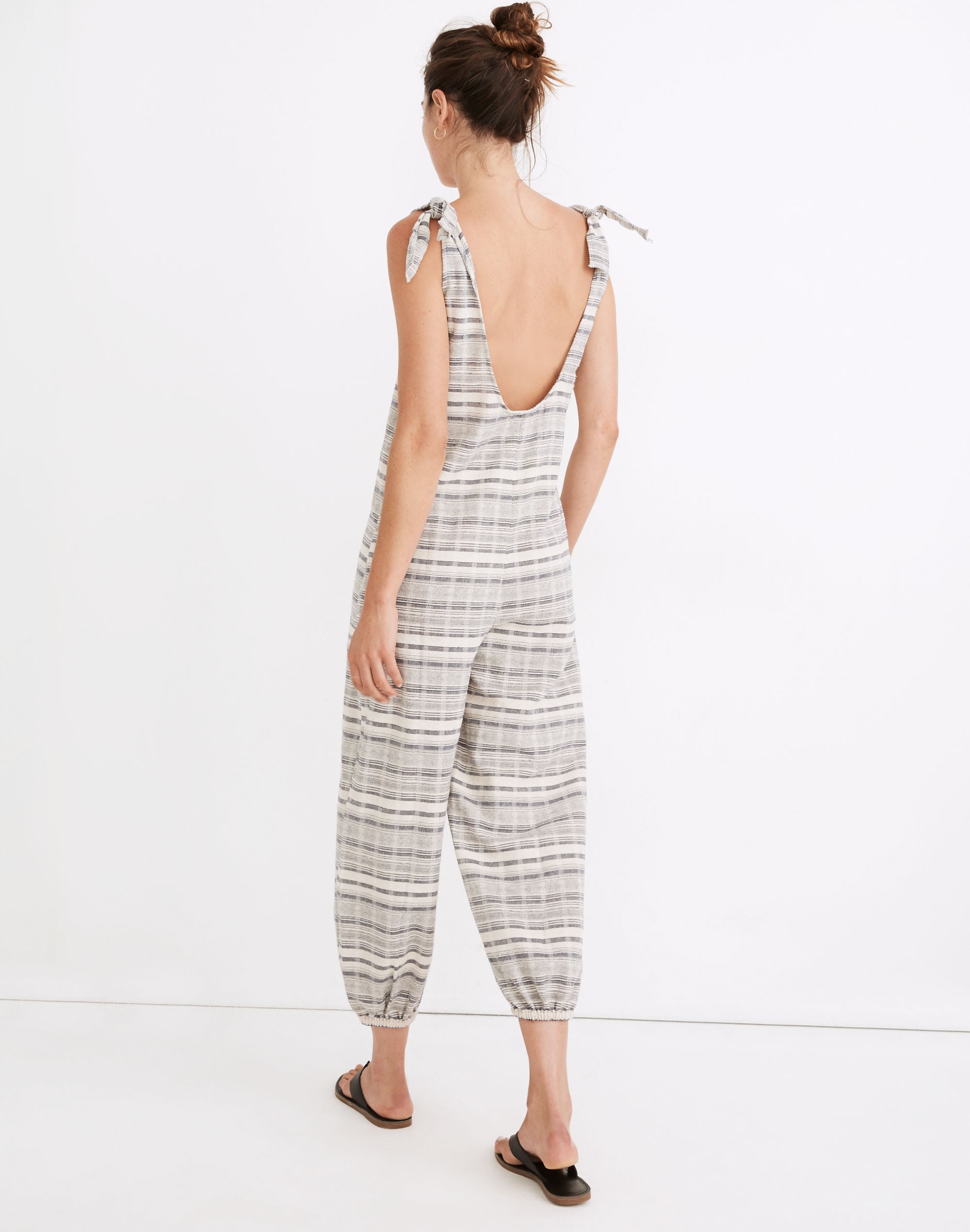 Tie-Strap Balloon Cover-Up Jumpsuit in Stripe