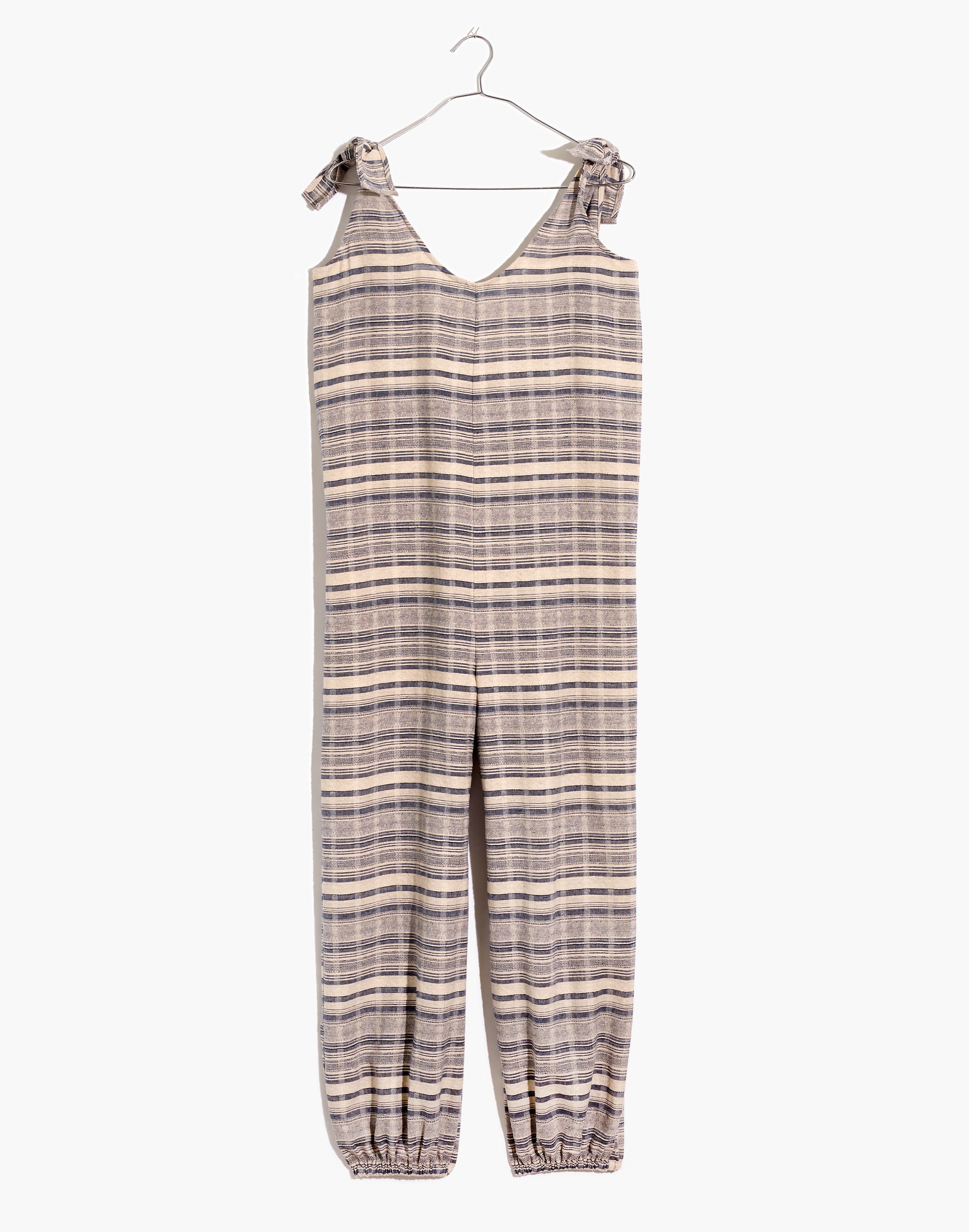 Tie-Strap Balloon Cover-Up Jumpsuit in Stripe