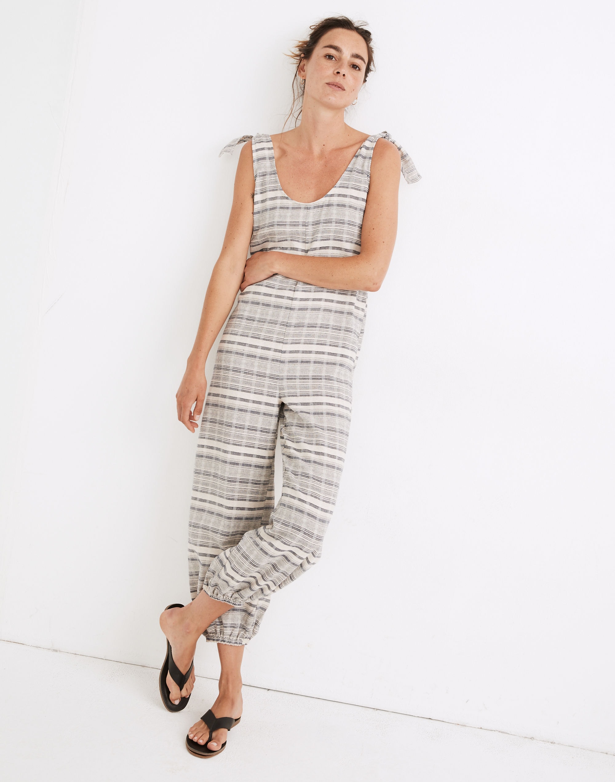 Tie-Strap Balloon Cover-Up Jumpsuit in Stripe