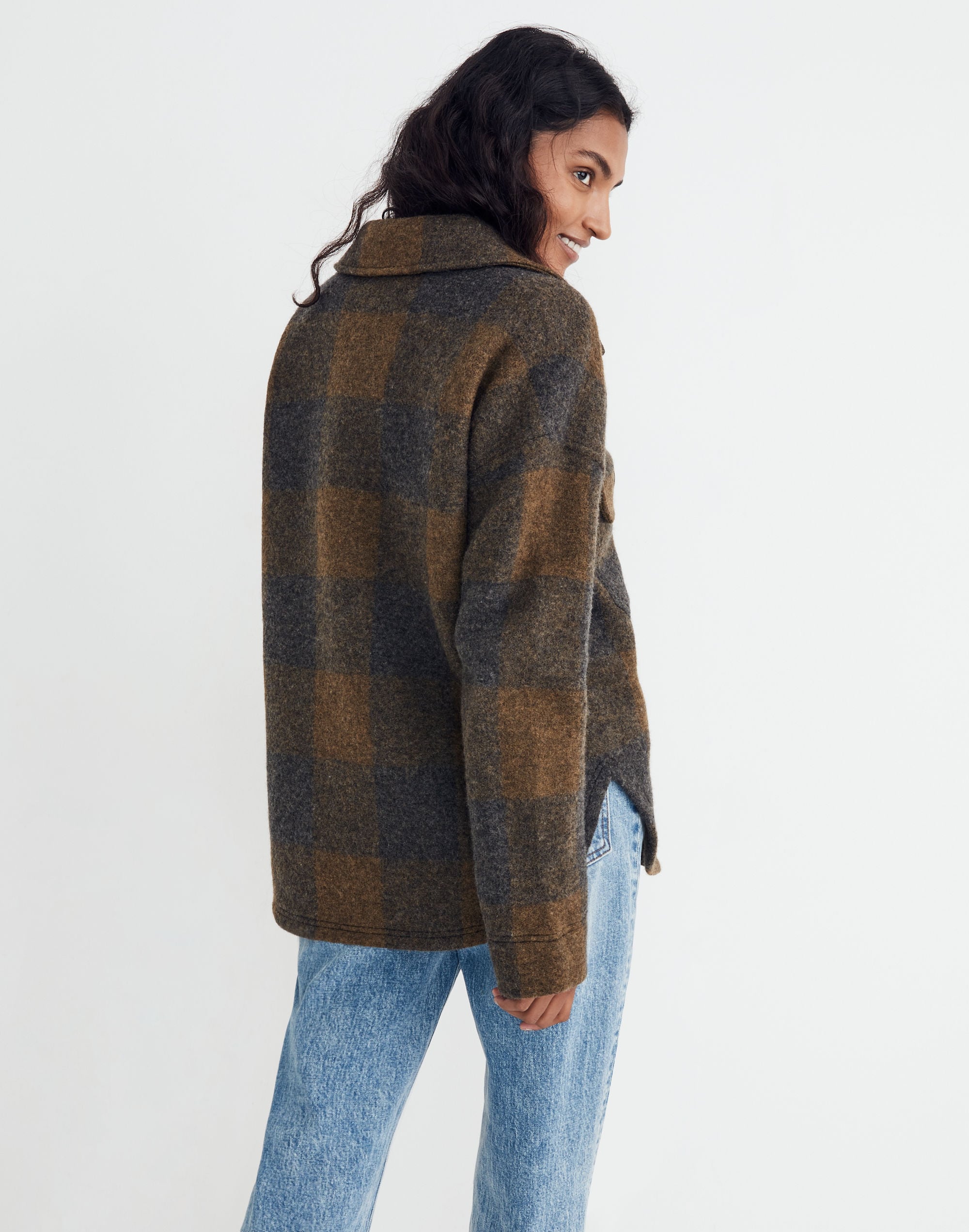 Boiled Wool Half-Zip Popover Sweater in Buffalo Check