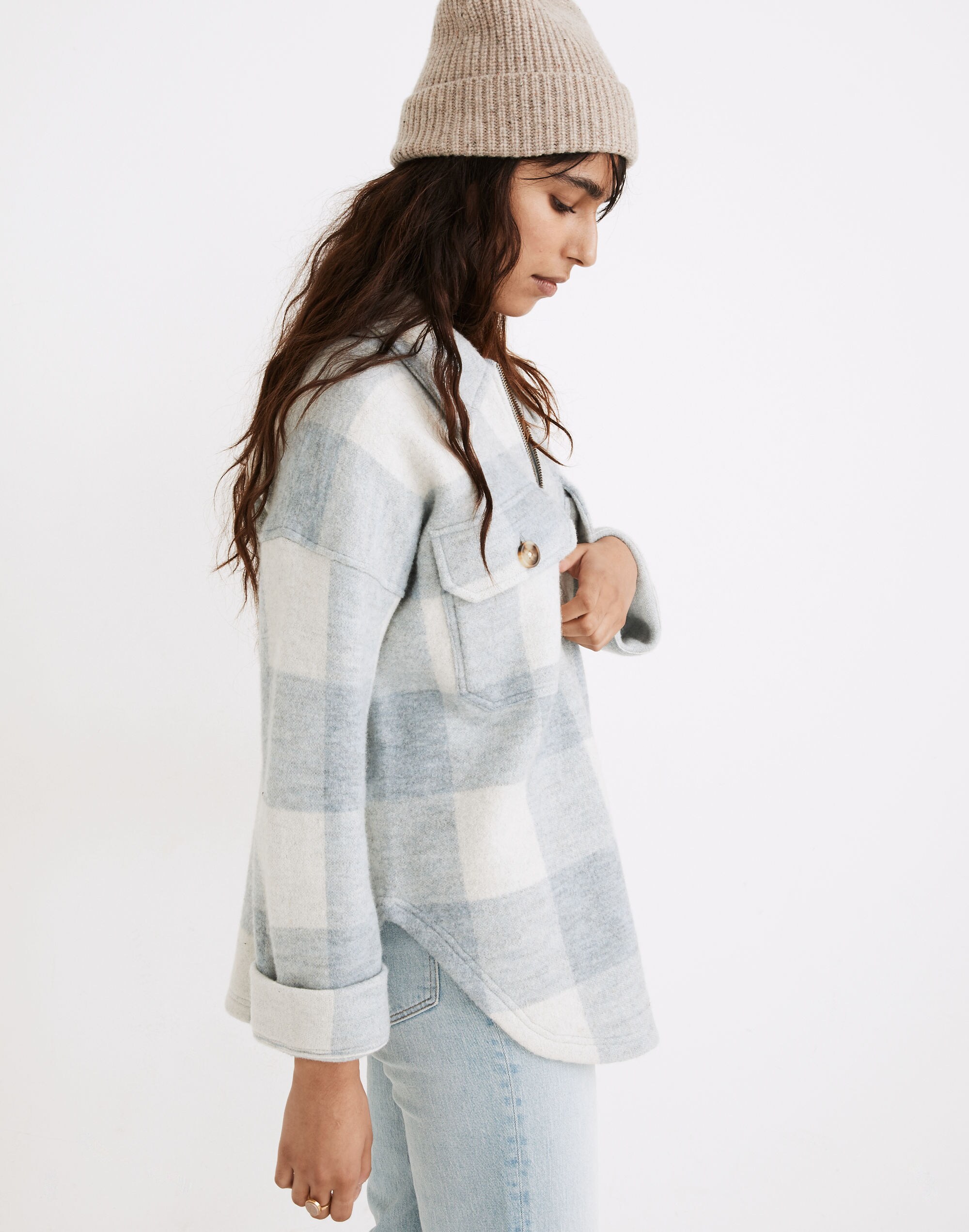 Boiled Wool Half-Zip Popover Sweater in Buffalo Check