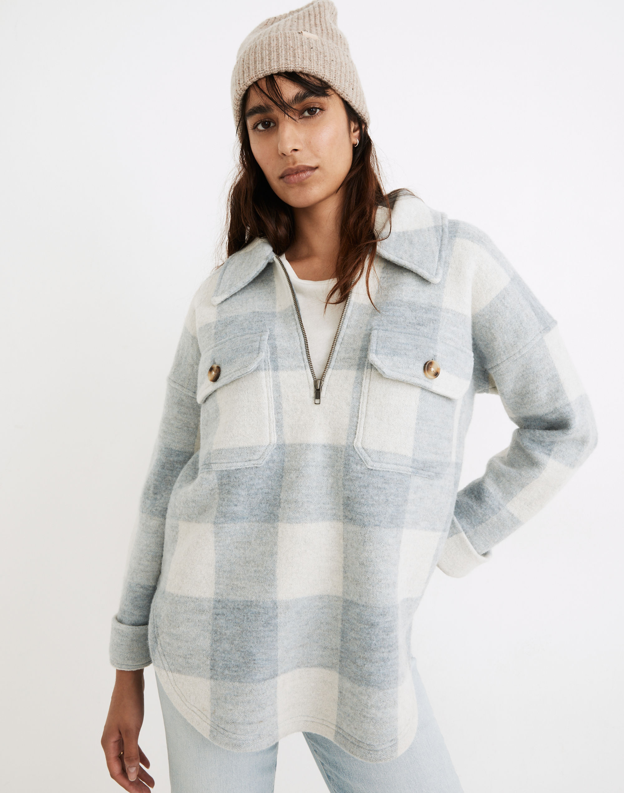 Boiled Wool Half-Zip Popover Sweater in Buffalo Check
