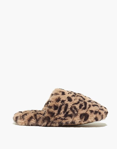 Quilted Scuff Slippers in Leopard Recycled Fur