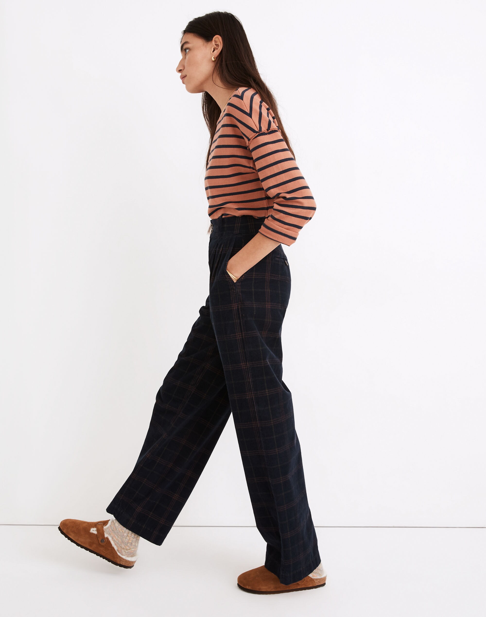 Corduroy Pleated Wide-Leg Pants in Windowpane