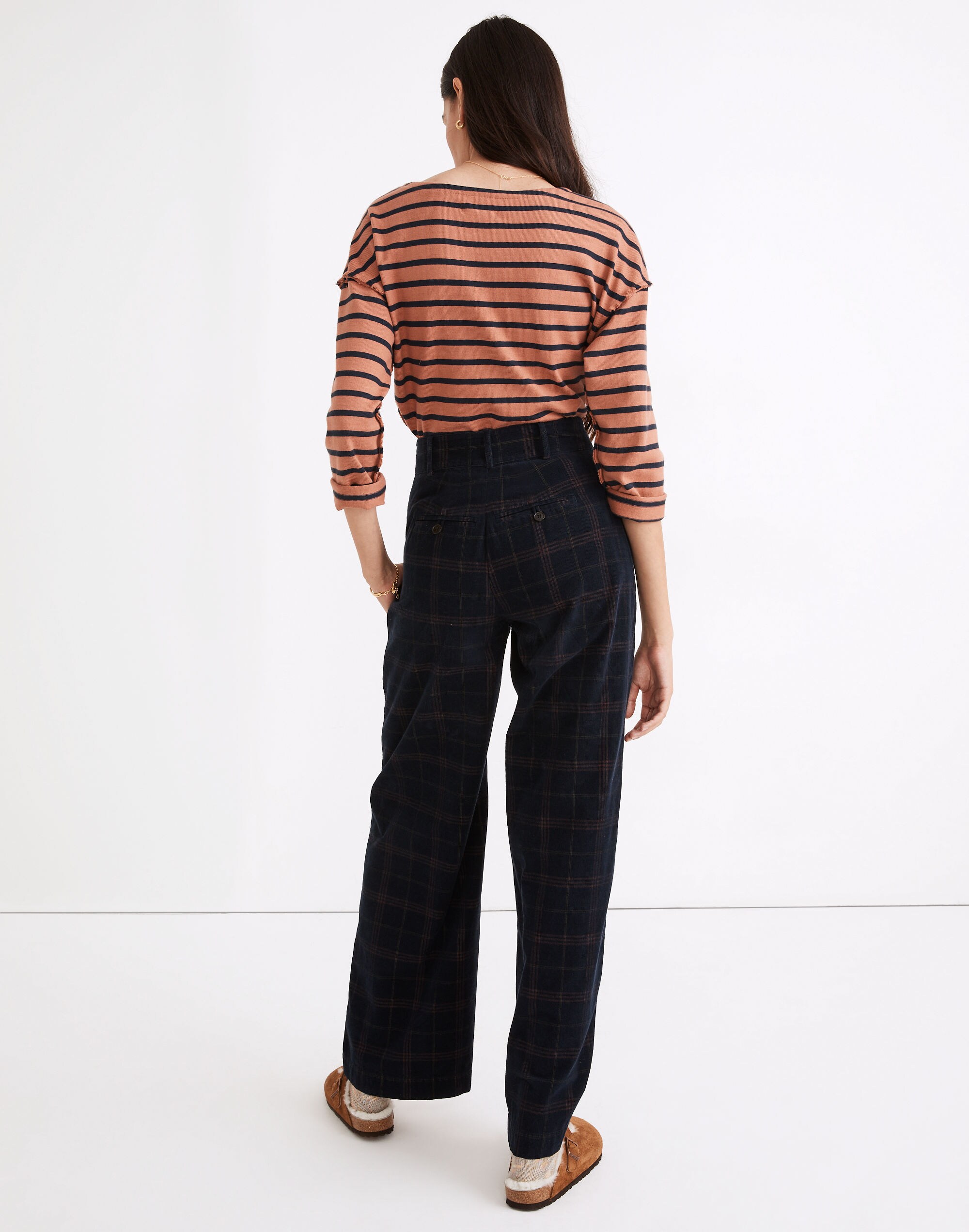 Corduroy Pleated Wide-Leg Pants in Windowpane