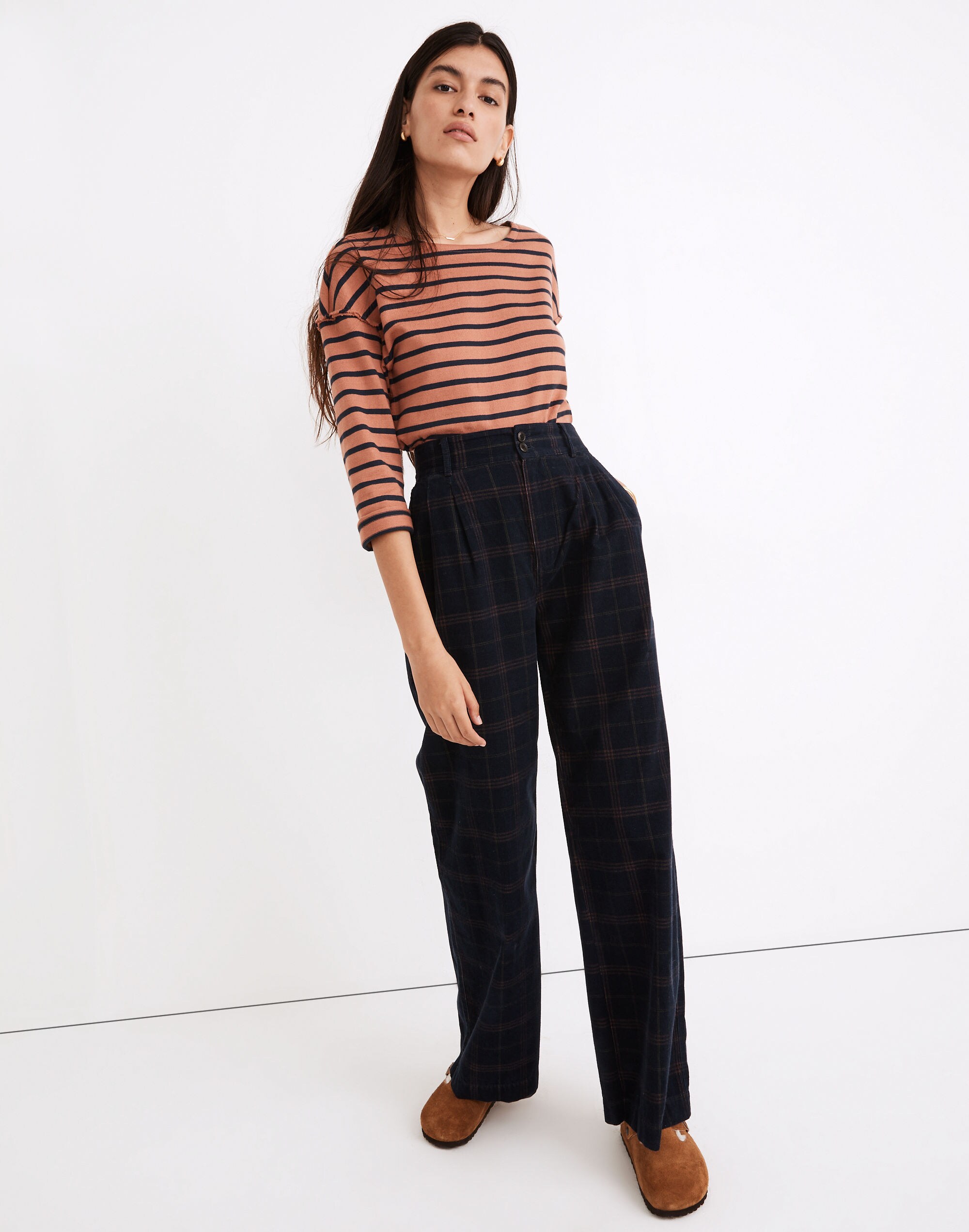Corduroy Pleated Wide-Leg Pants in Windowpane