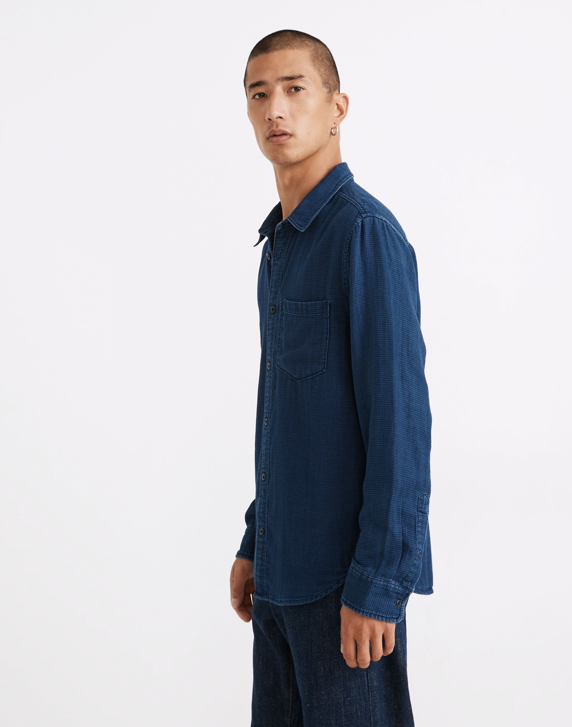 Double-Weave Perfect Long-Sleeve Shirt in Indigo Houndstooth