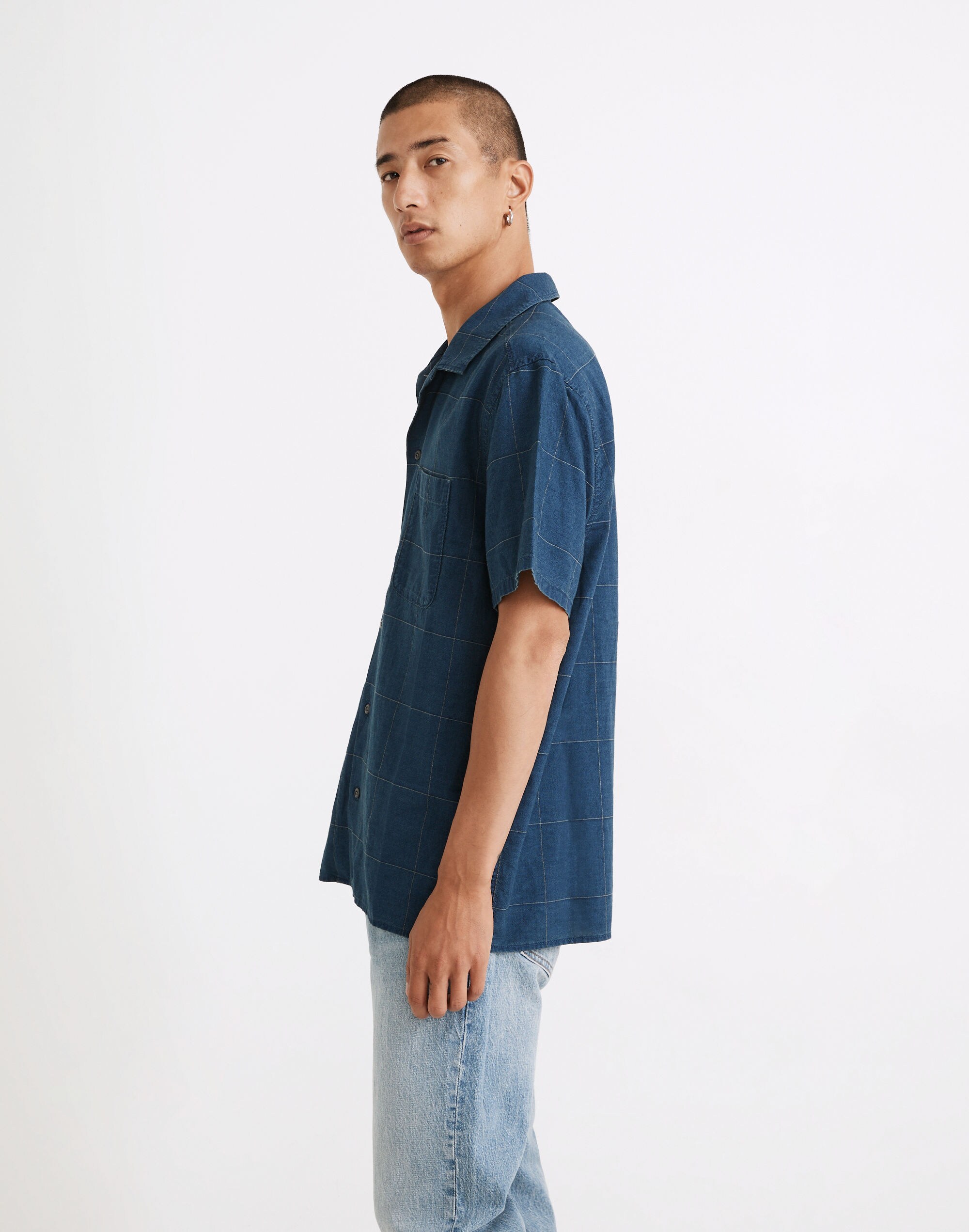 Easy Short-Sleeve Shirt in Indigo Windowpane Print