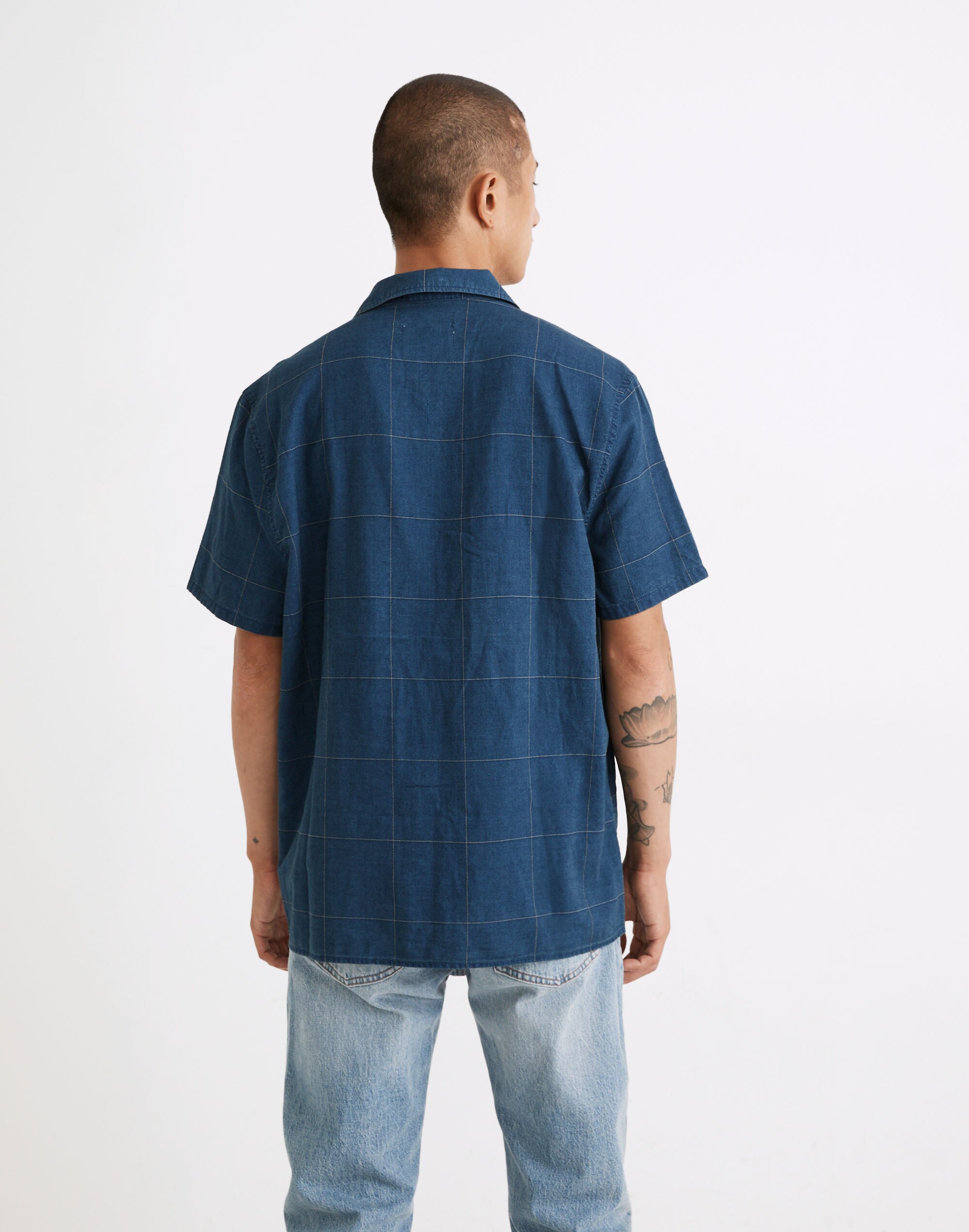 Easy Short-Sleeve Shirt in Indigo Windowpane Print