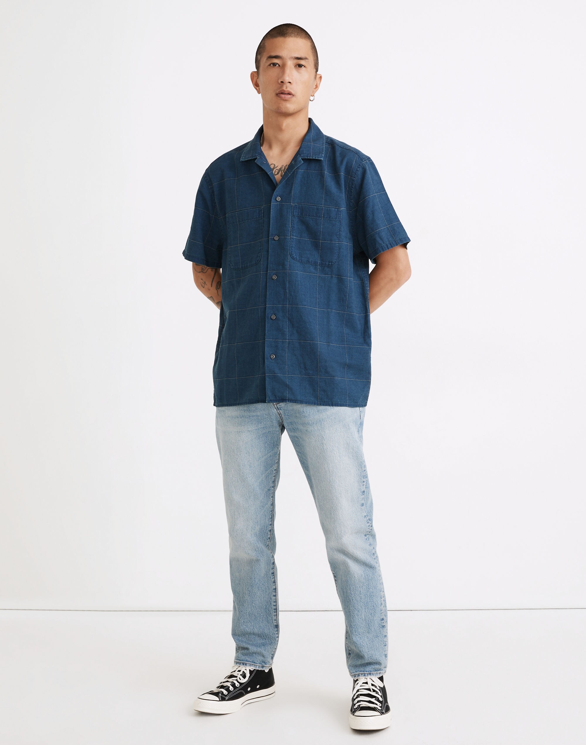 Easy Short-Sleeve Shirt in Indigo Windowpane Print