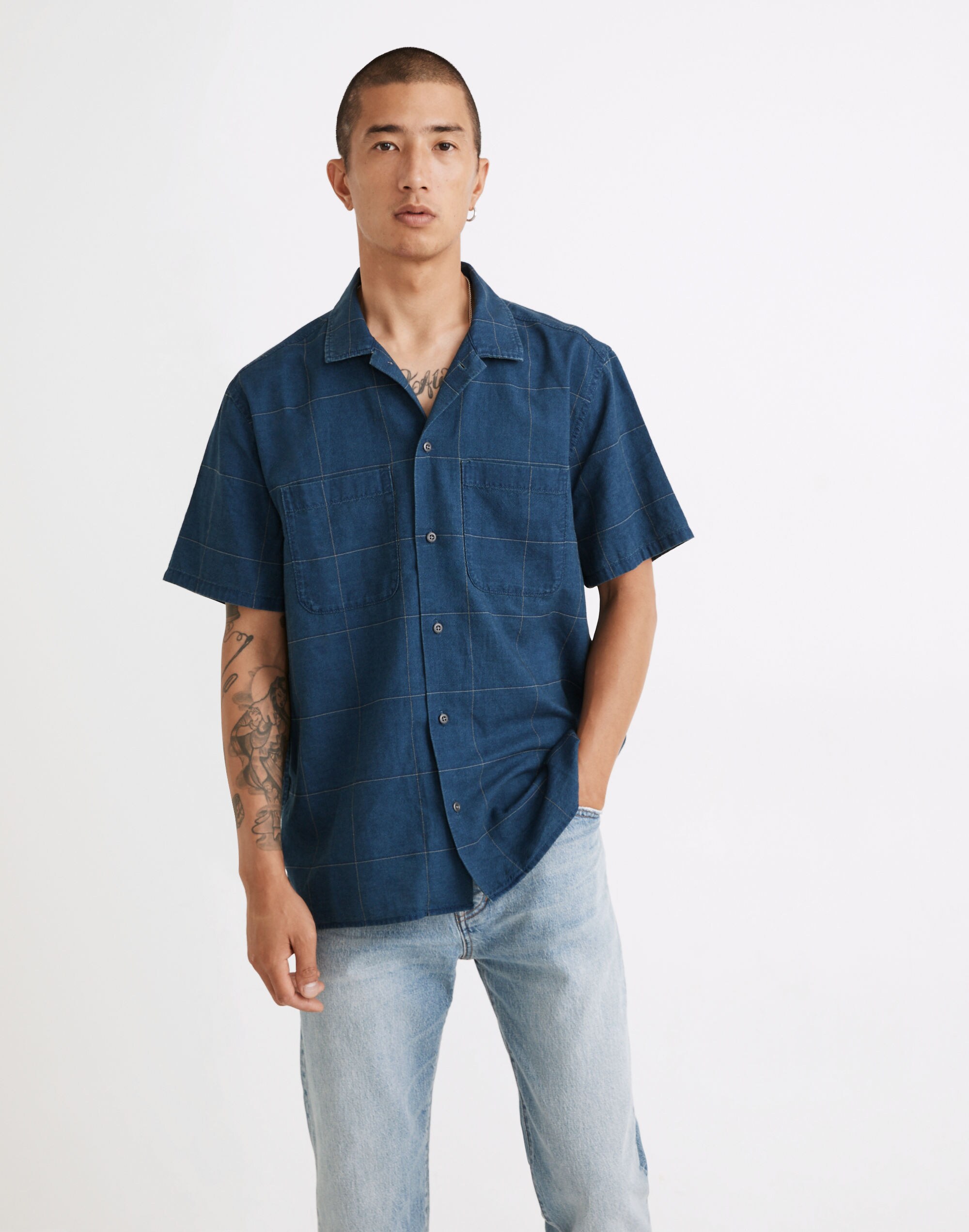 Easy Short-Sleeve Shirt in Indigo Windowpane Print