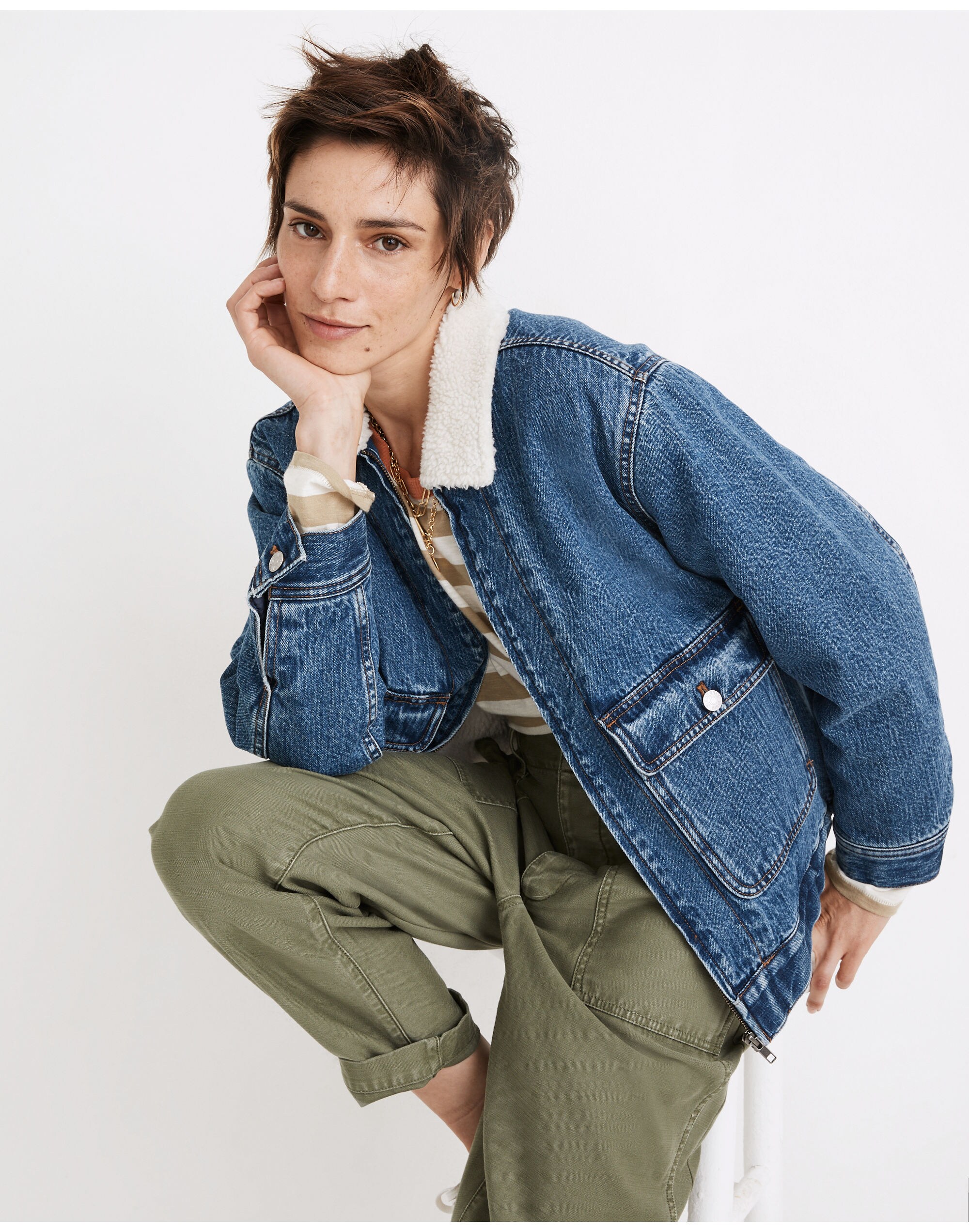 Sherpa-Lined Denim Zip Jacket