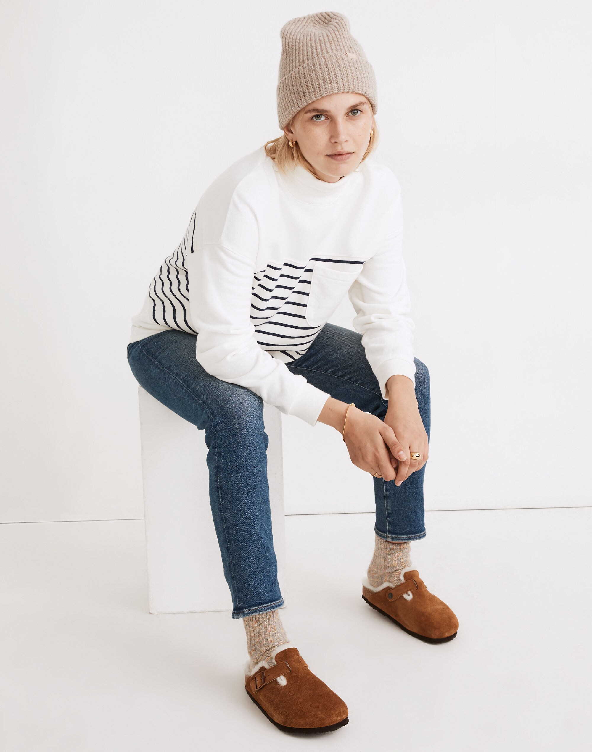 (Re)sourced Cotton Mockneck Pocket Sweatshirt in Nautical Stripe