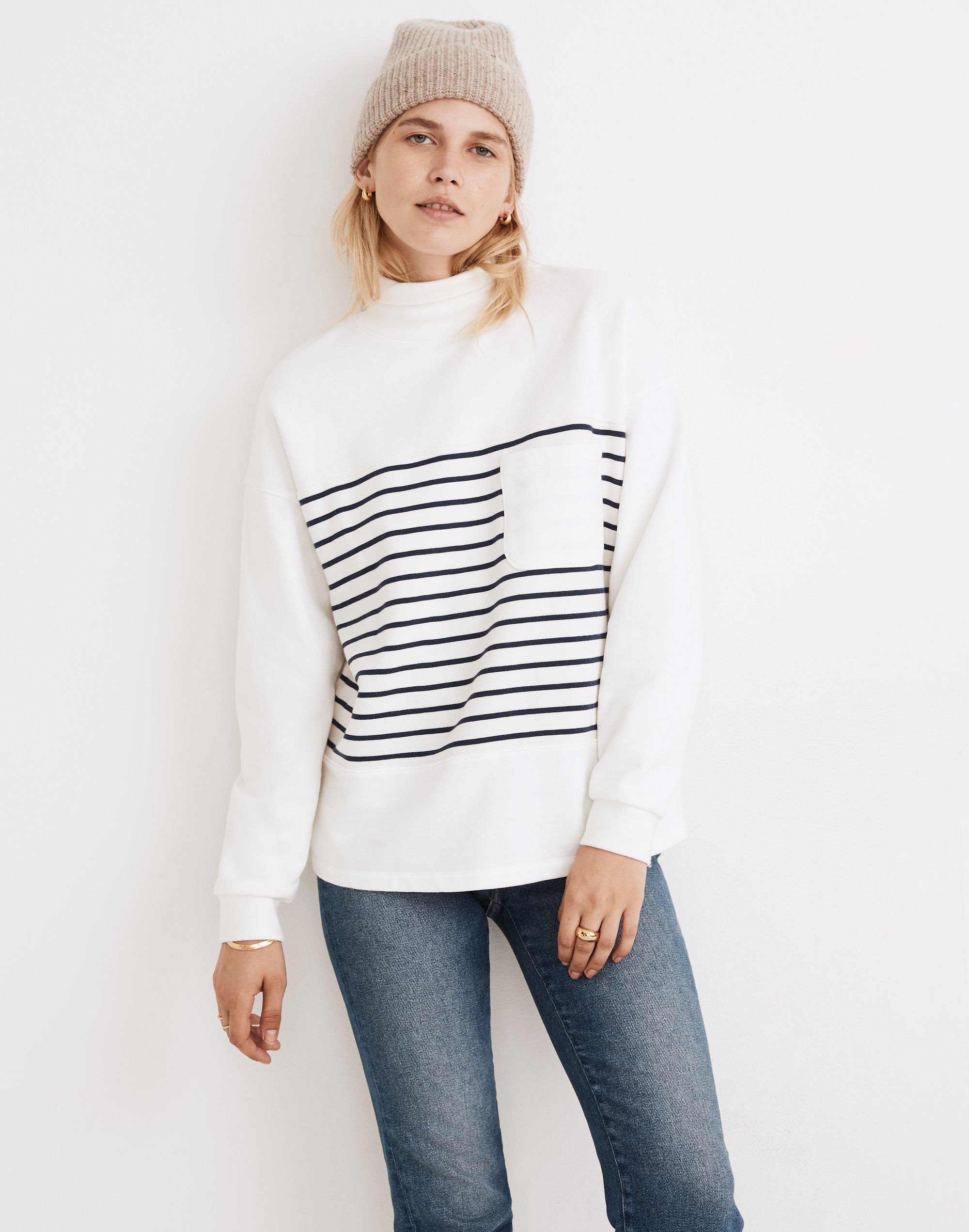 (re)sourced cotton mockneck pocket sweatshirt in nautical stripe