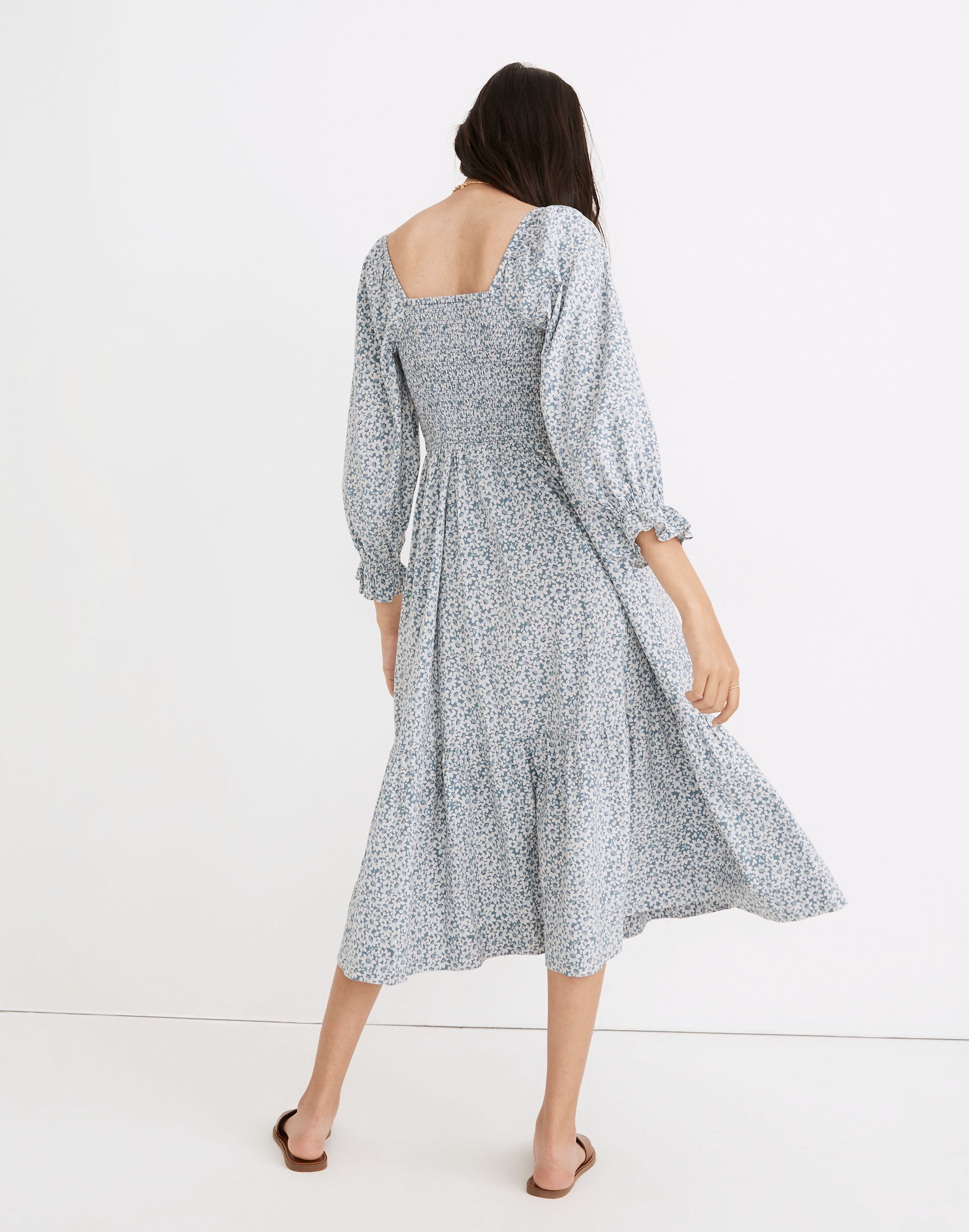 Lucie Elbow-Sleeve Smocked Midi Dress in Sunflower Field