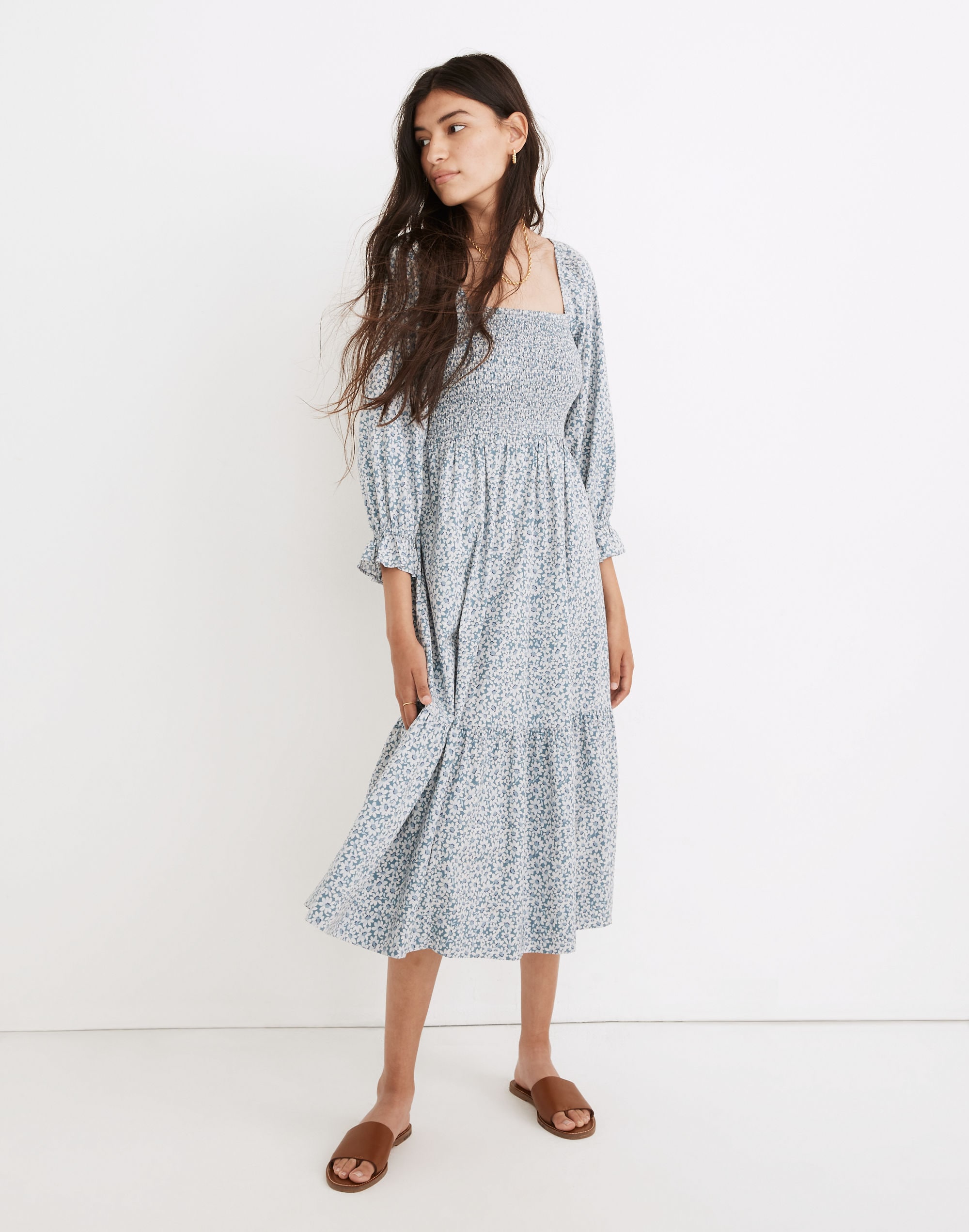 lucie elbow-sleeve smocked midi dress in sunflower field