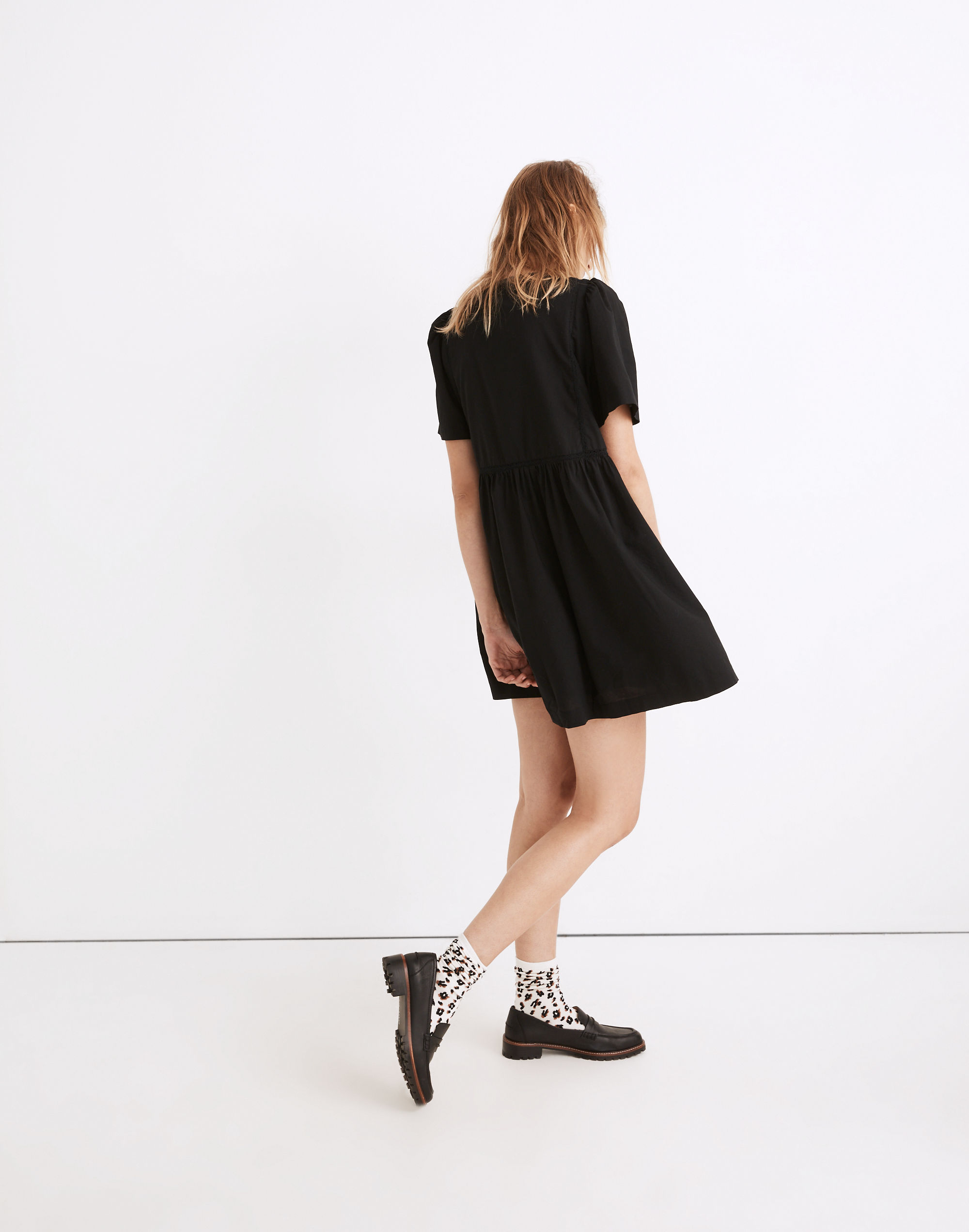 Lace-Trim Pintuck Button-Front Mini Dress