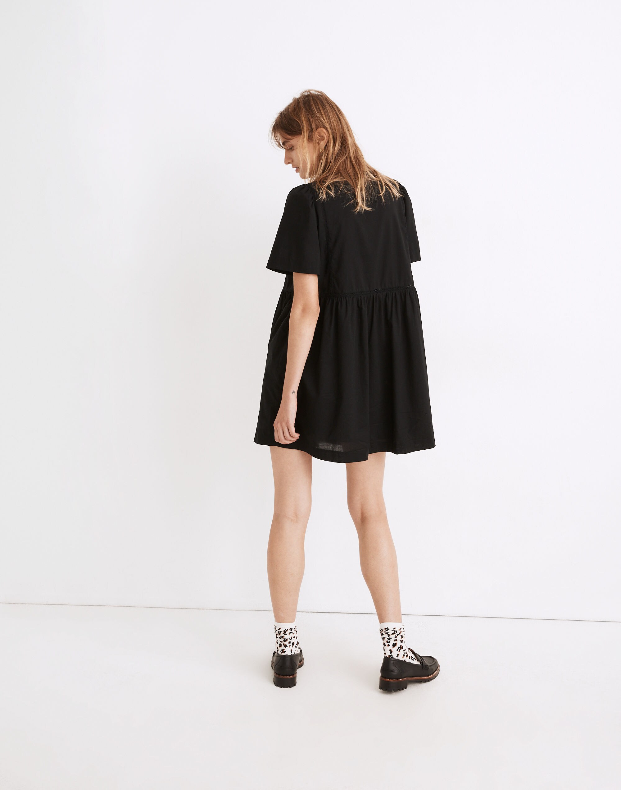 Lace-Trim Pintuck Button-Front Mini Dress