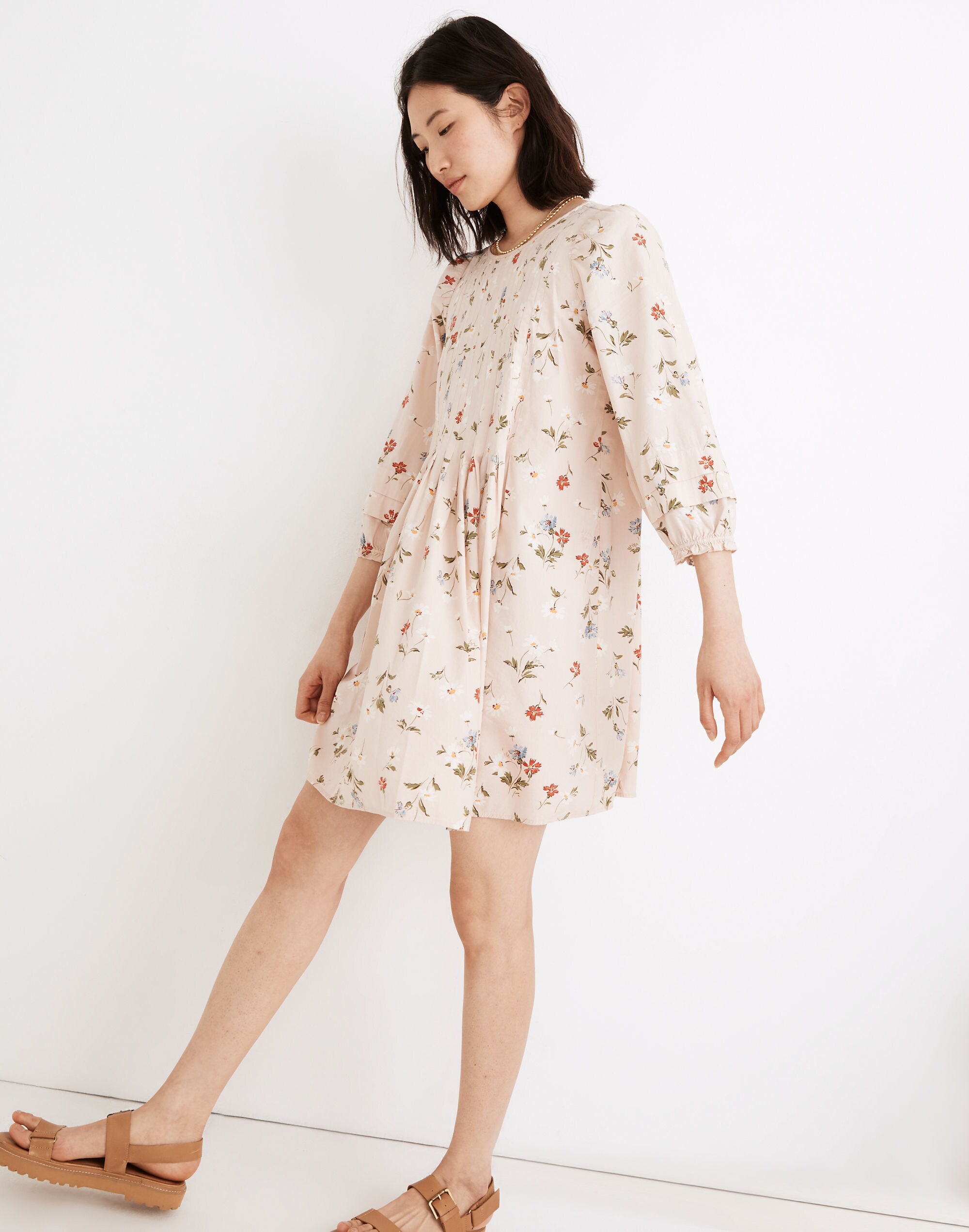 Pintuck Puff-Sleeve Mini Dress in Seaside Floral