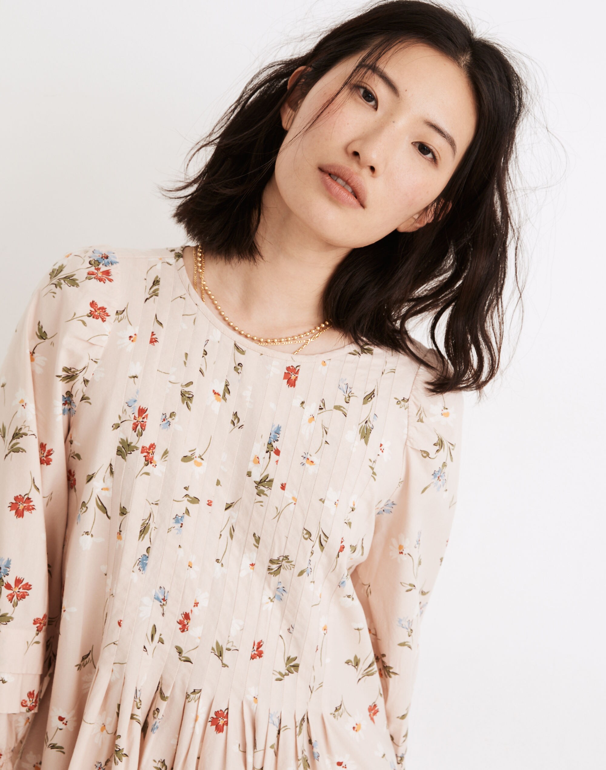 Pintuck Puff-Sleeve Mini Dress in Seaside Floral