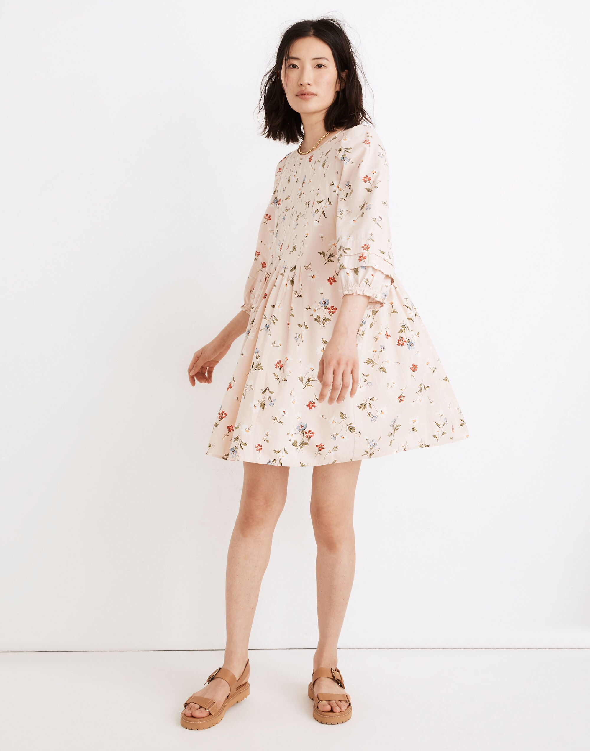 Pintuck Puff-Sleeve Mini Dress in Seaside Floral