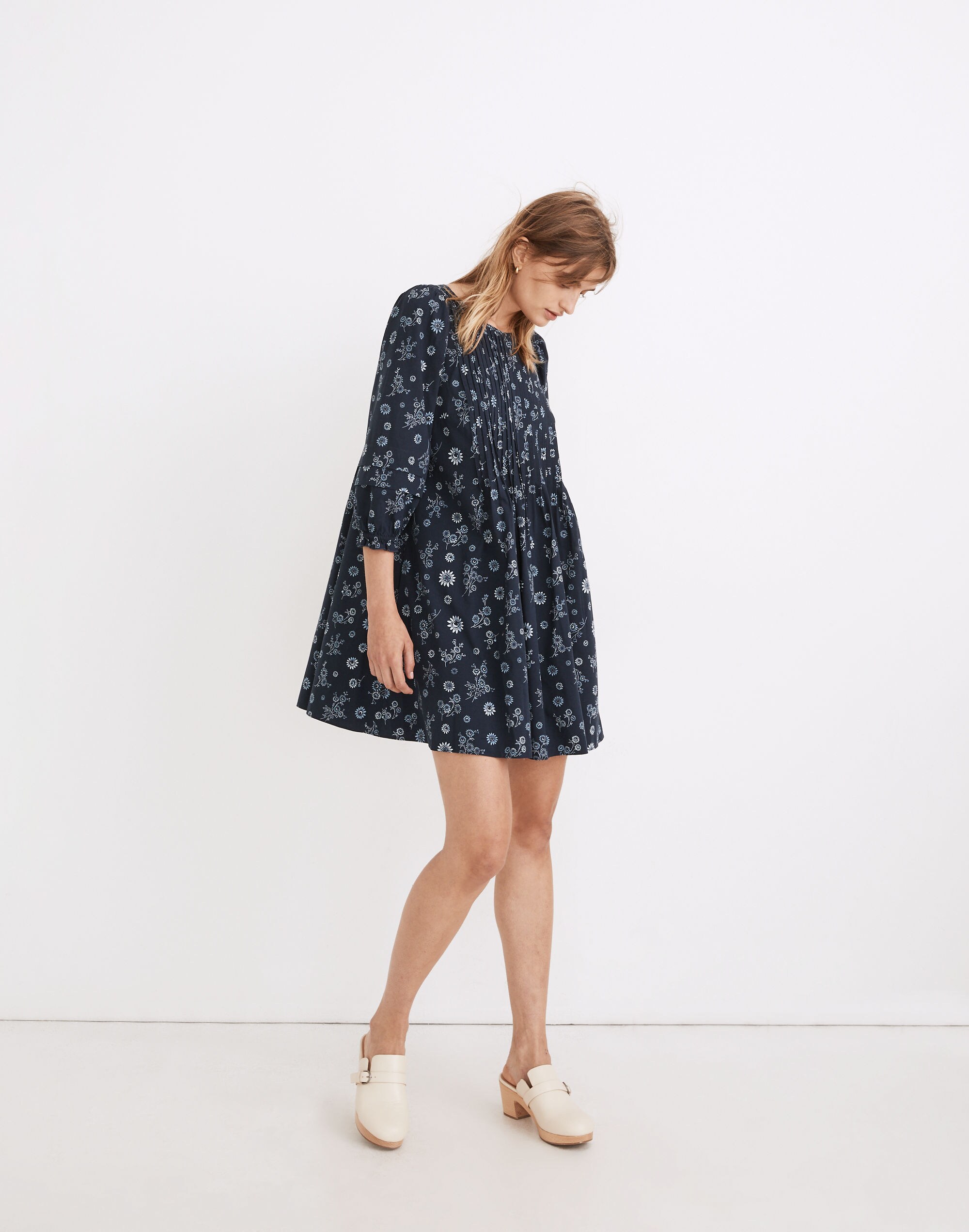 Pintuck Puff-Sleeve Mini Dress in Cottage Floral