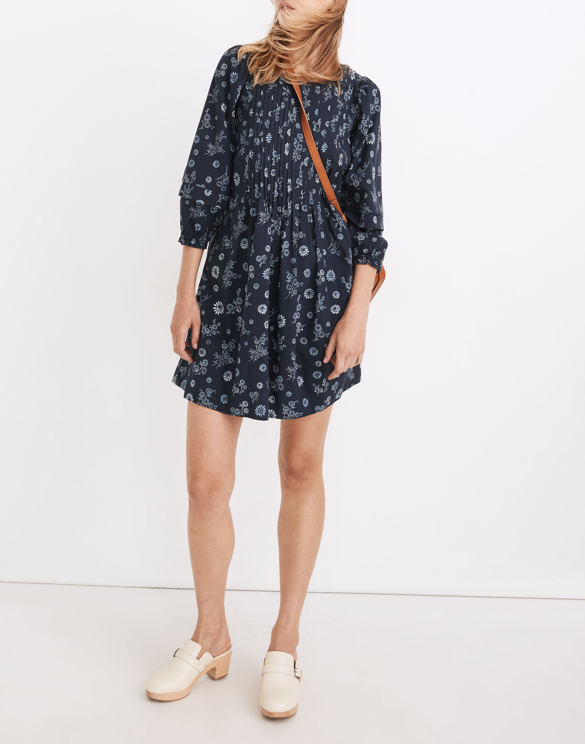 Pintuck Puff-Sleeve Mini Dress in Cottage Floral