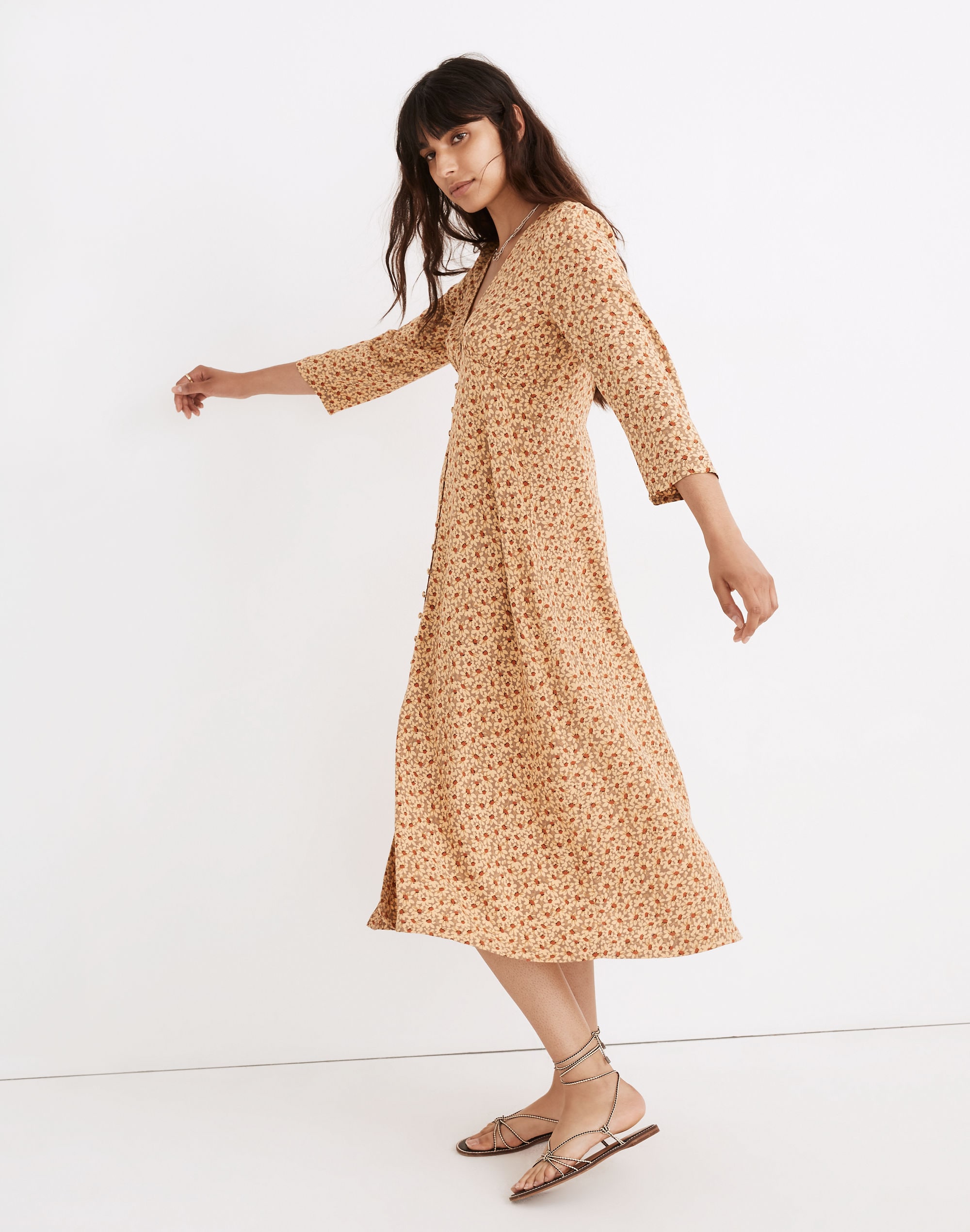 Deep-V Button-Front Midi Dress in Sunflower Field