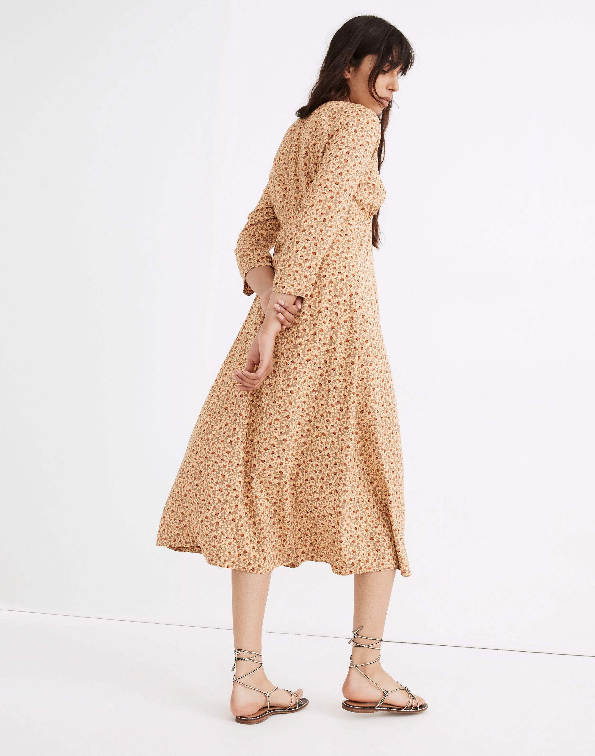 Deep-V Button-Front Midi Dress in Sunflower Field