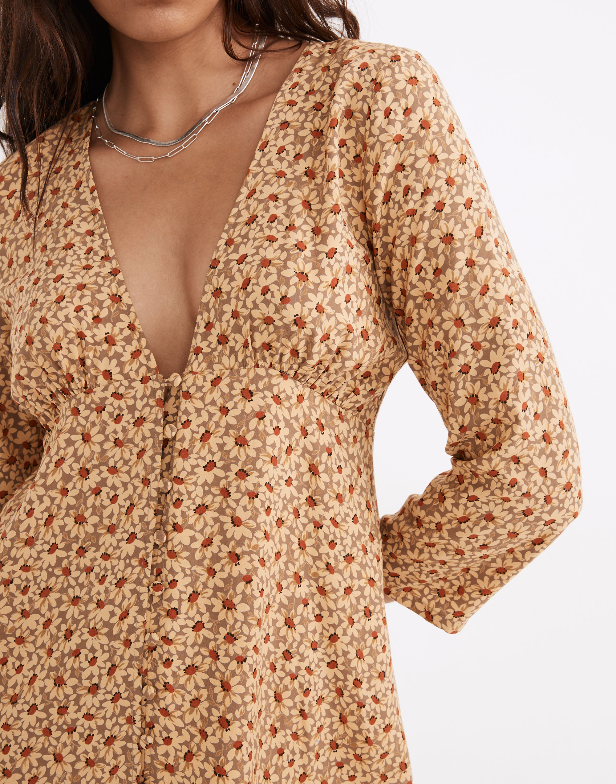 Deep-V Button-Front Midi Dress in Sunflower Field