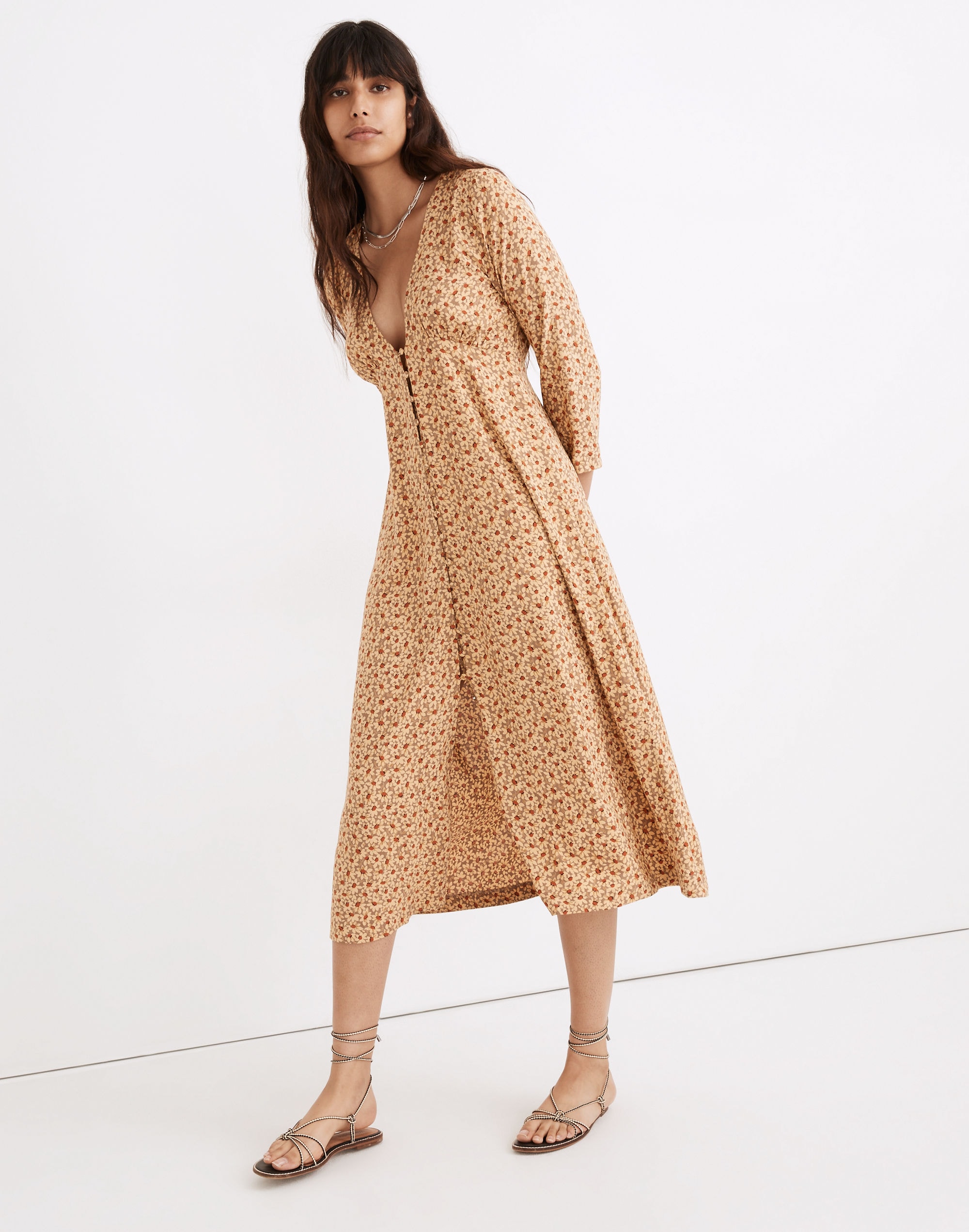 Deep-V Button-Front Midi Dress in Sunflower Field