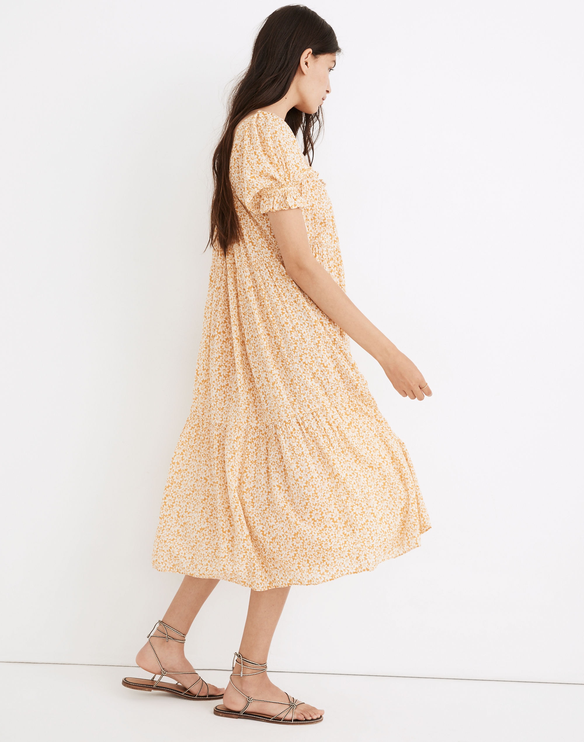 Square-Neck Tiered Midi Dress in Sunflower Field