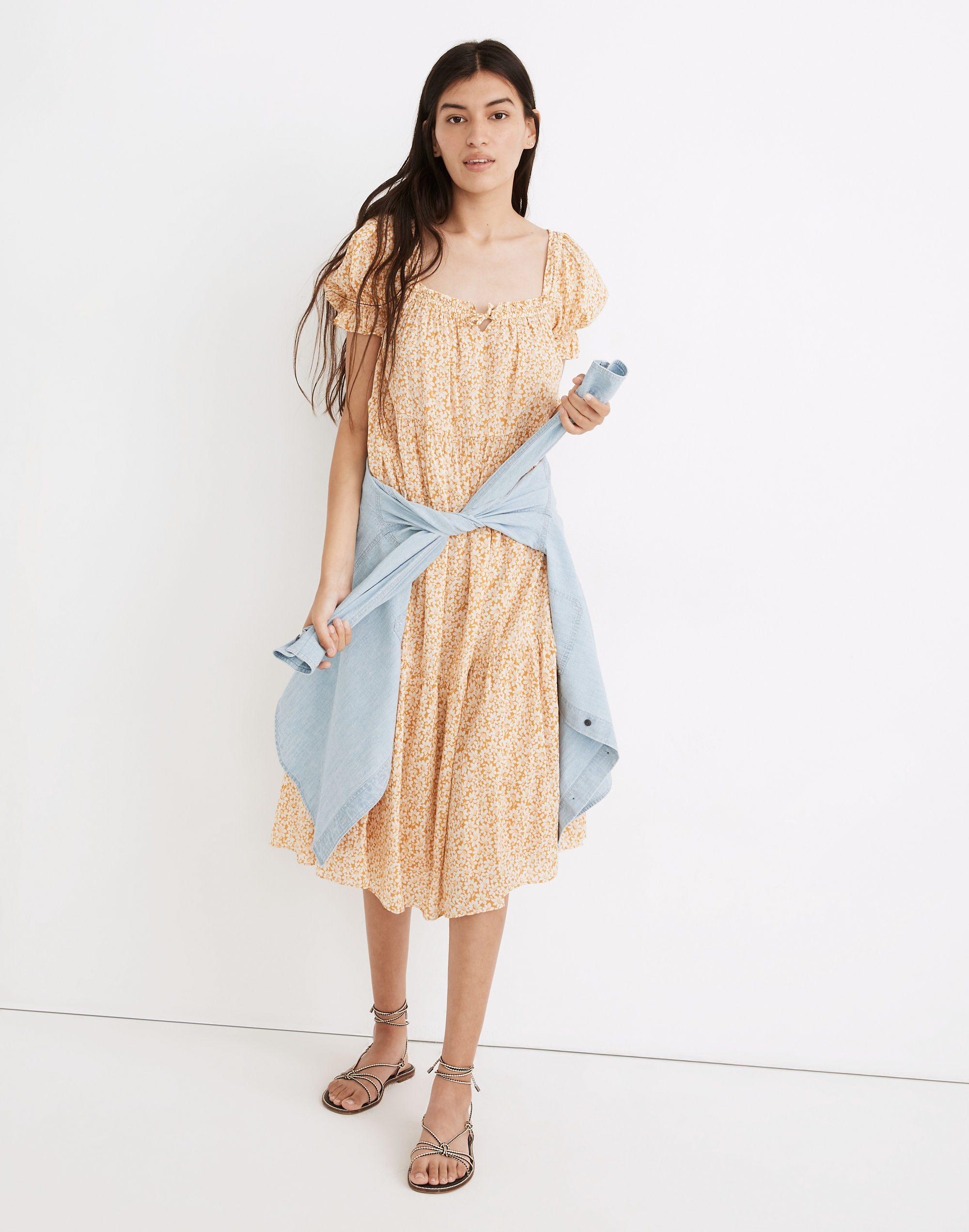 Square-Neck Tiered Midi Dress in Sunflower Field
