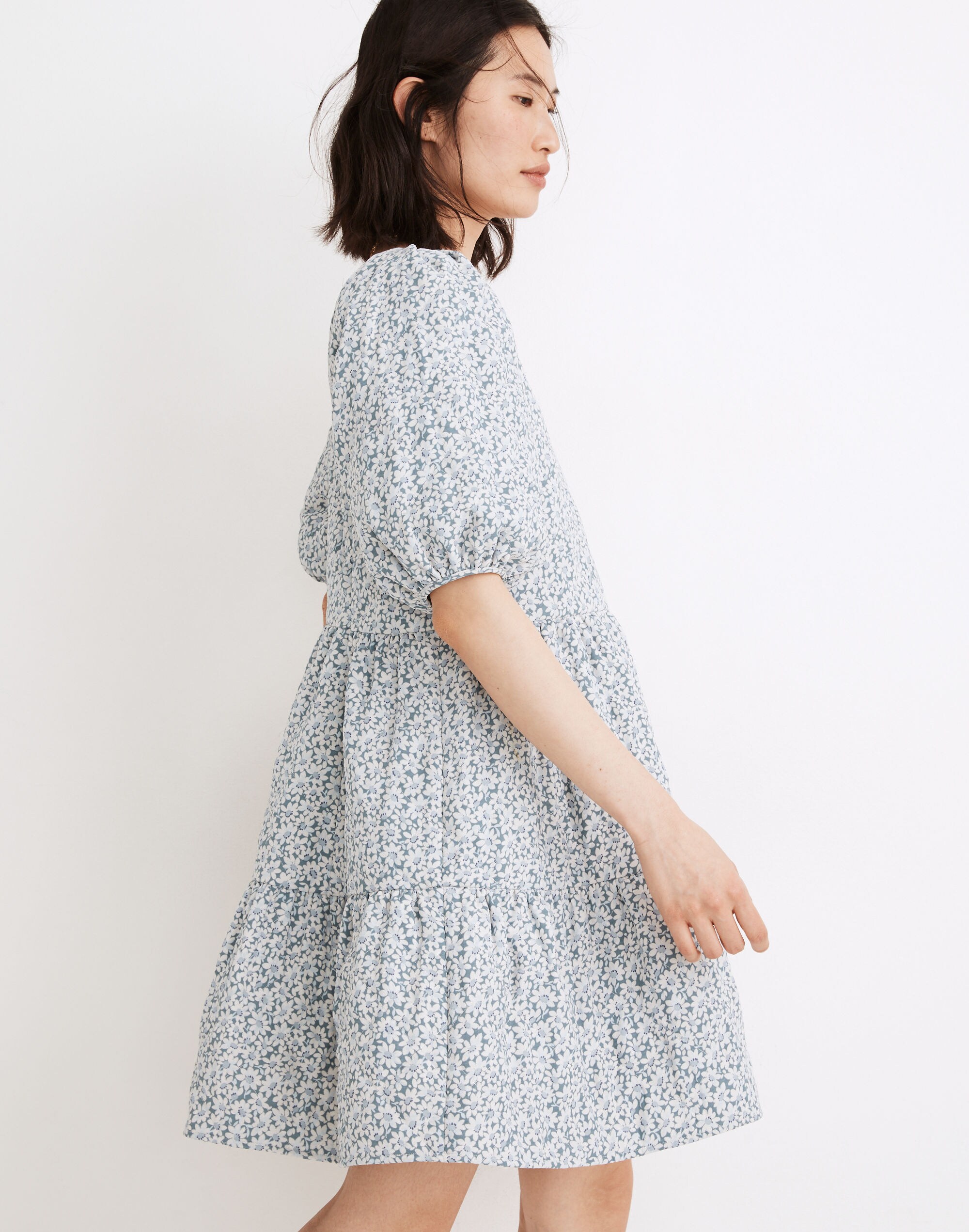 Quilted Puff-Sleeve Mini Dress in Sunflower Field