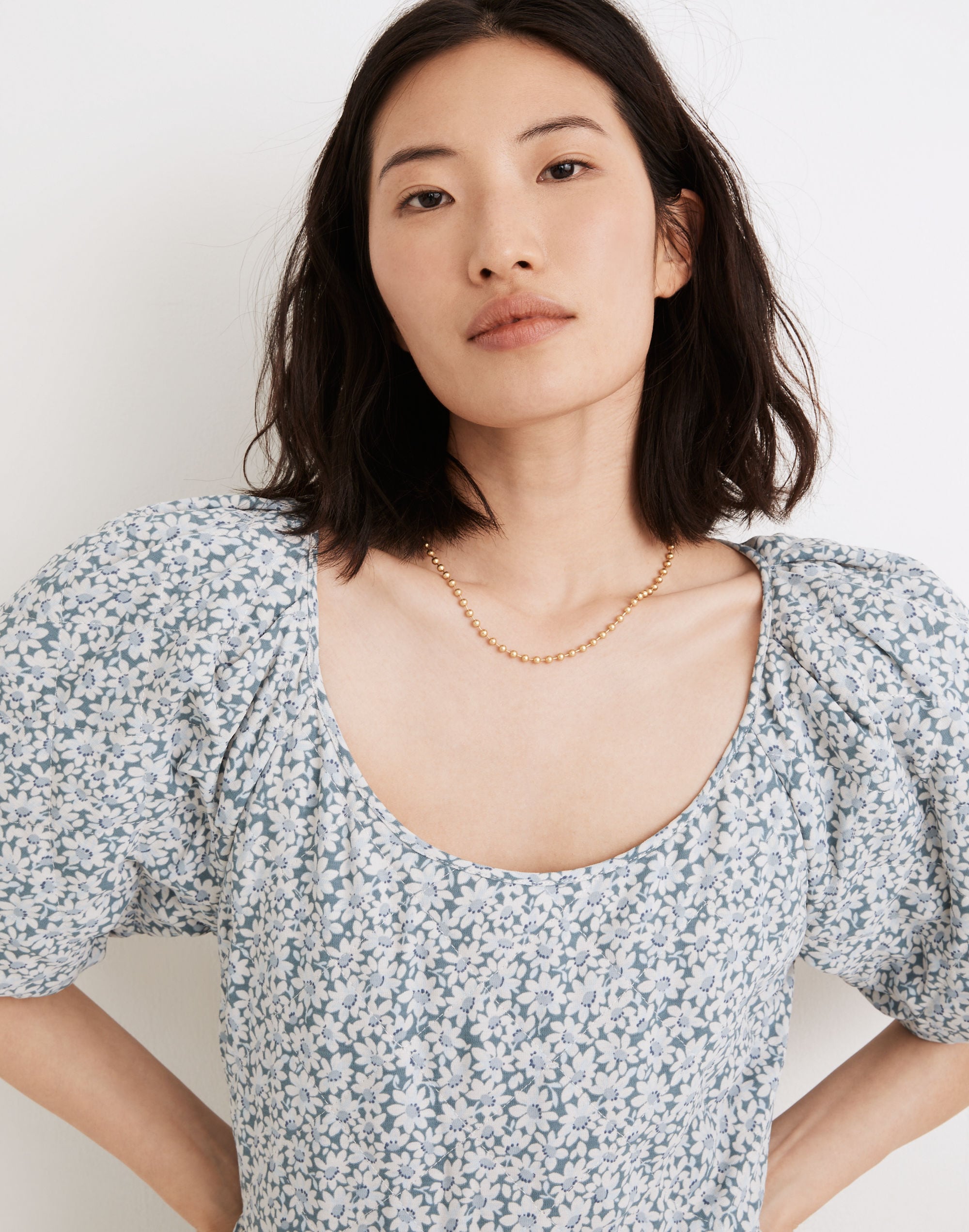 Quilted Puff-Sleeve Mini Dress in Sunflower Field