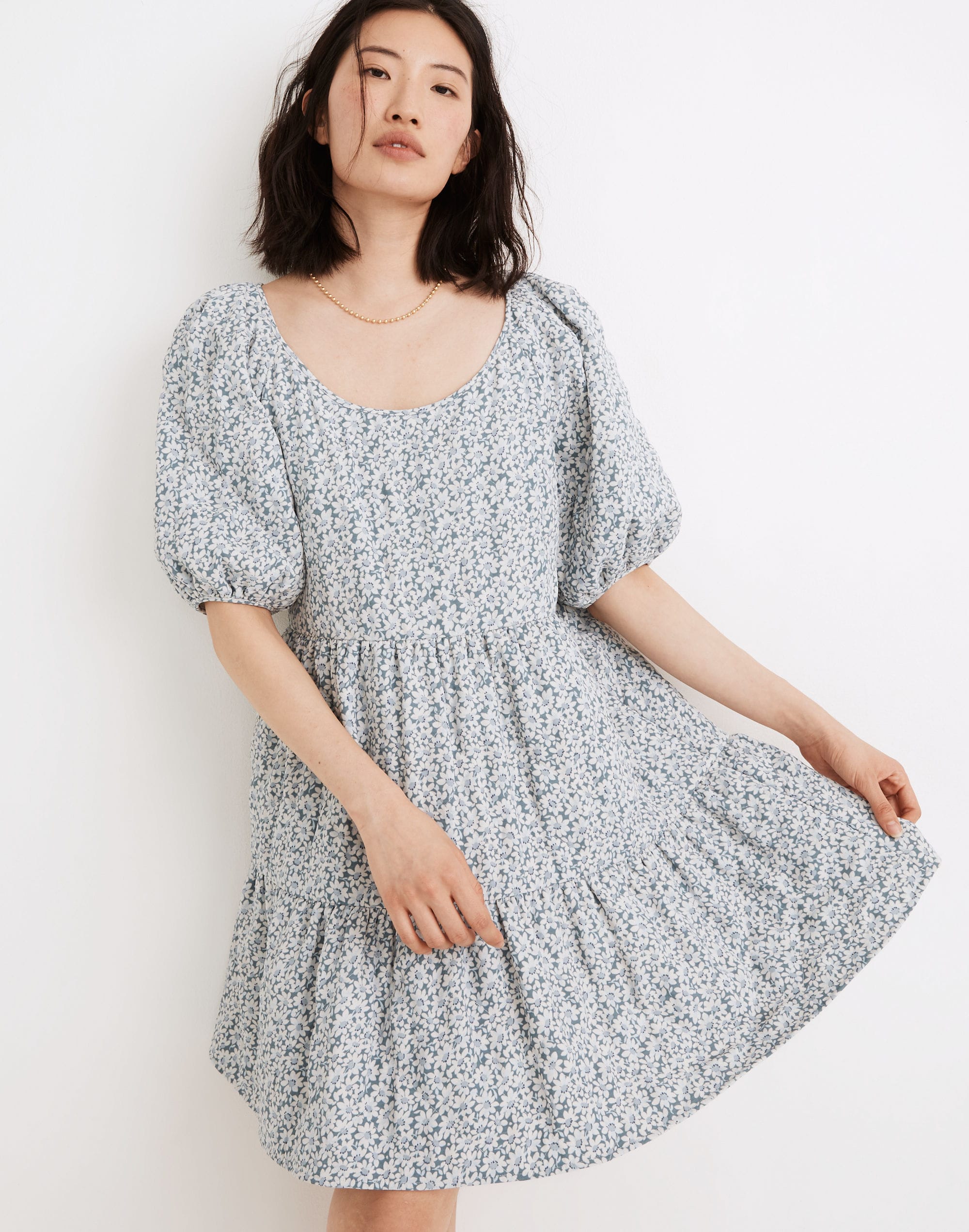 quilted puff-sleeve mini dress in sunflower field