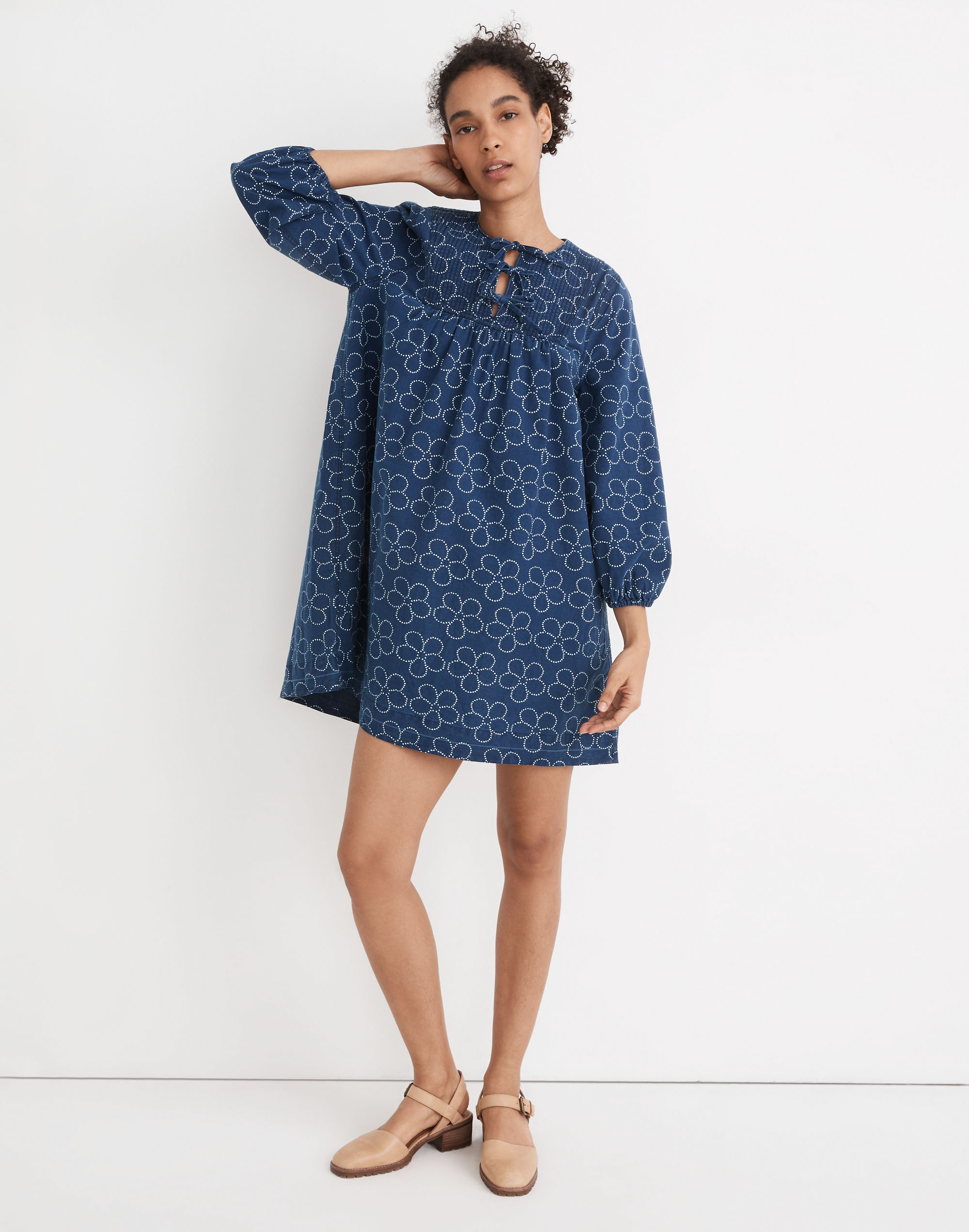 Quilted Tie-Front Bib Dress in Indigo Floral