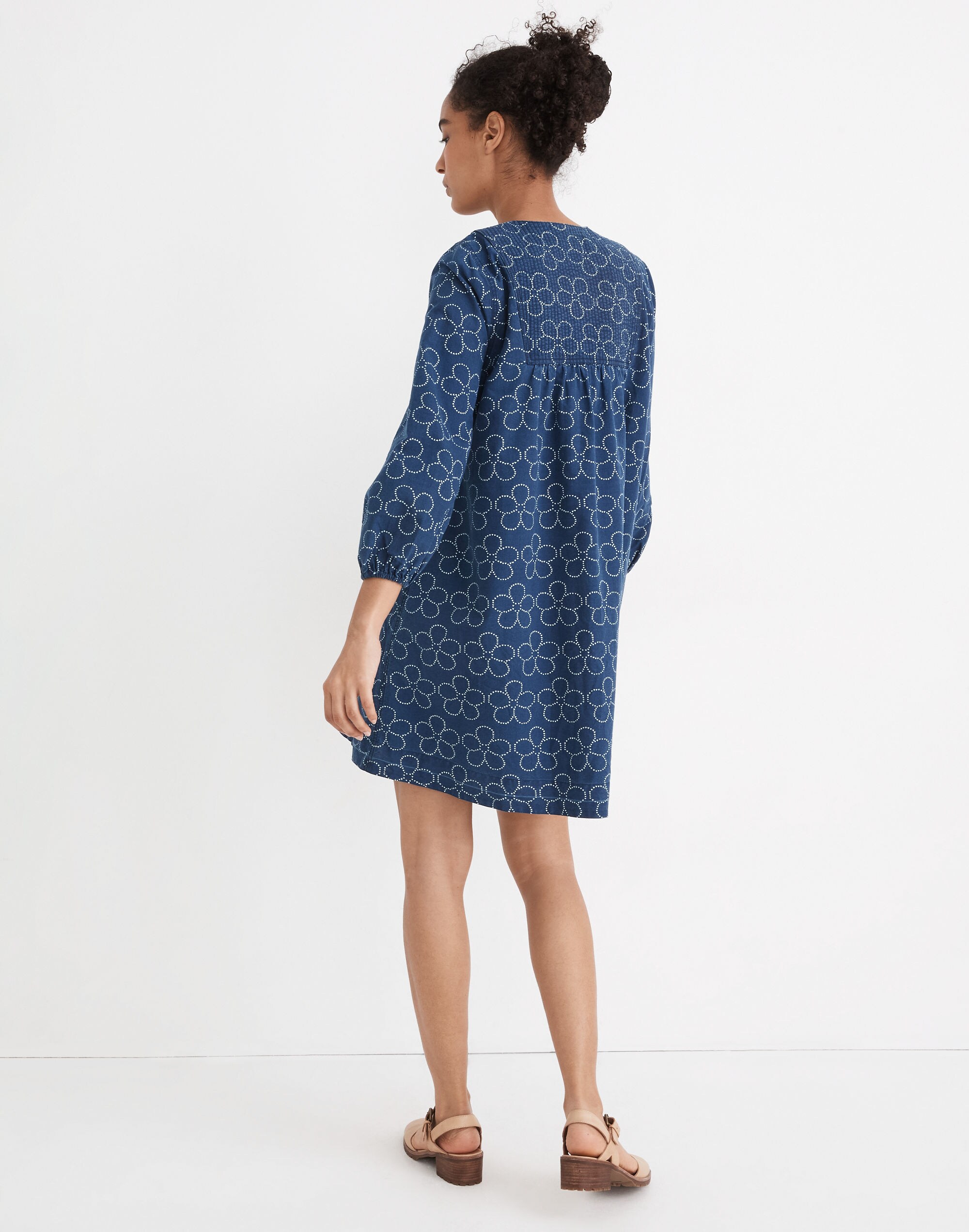 Quilted Tie-Front Bib Dress in Indigo Floral