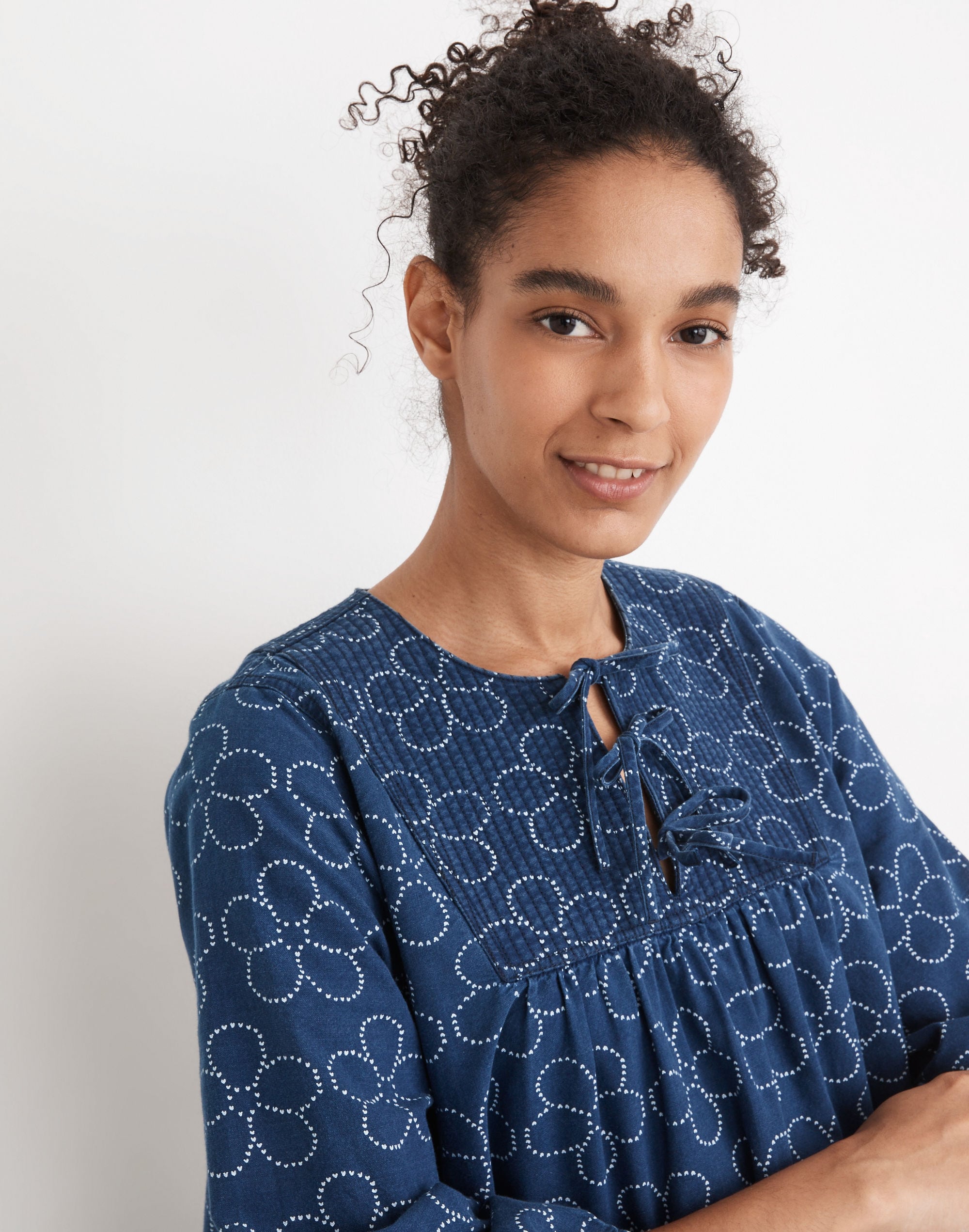 Quilted Tie-Front Bib Dress in Indigo Floral