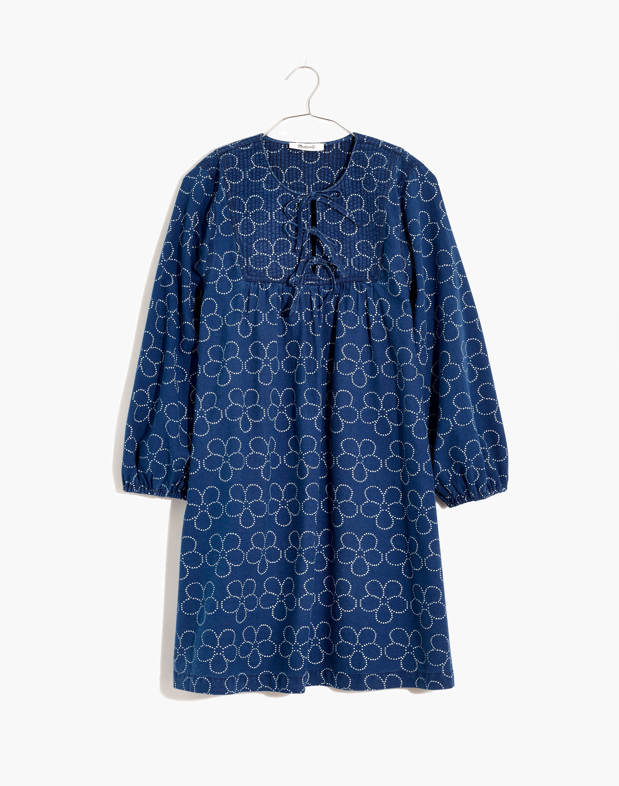 Quilted Tie-Front Bib Dress in Indigo Floral