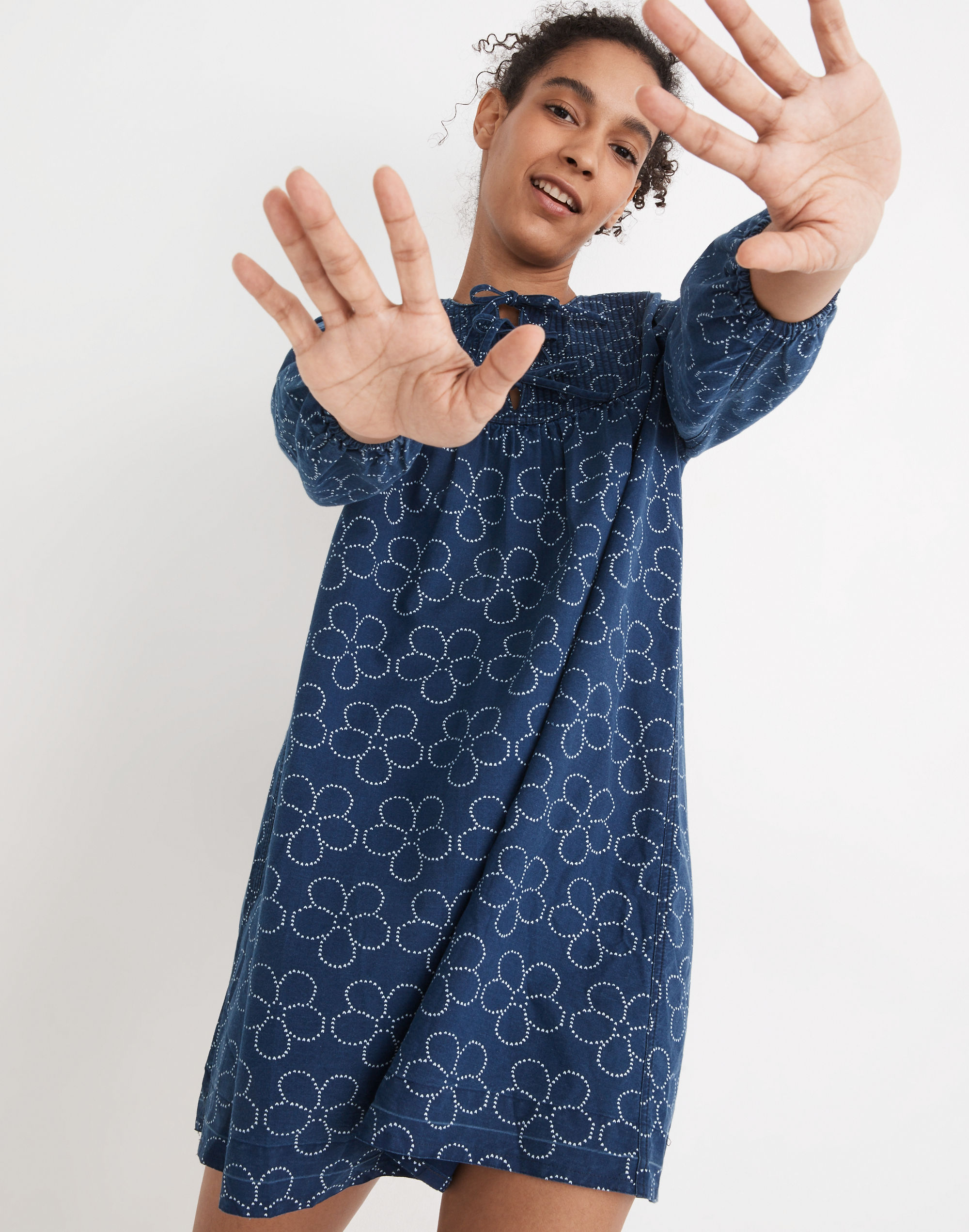 Quilted Tie-Front Bib Dress in Indigo Floral