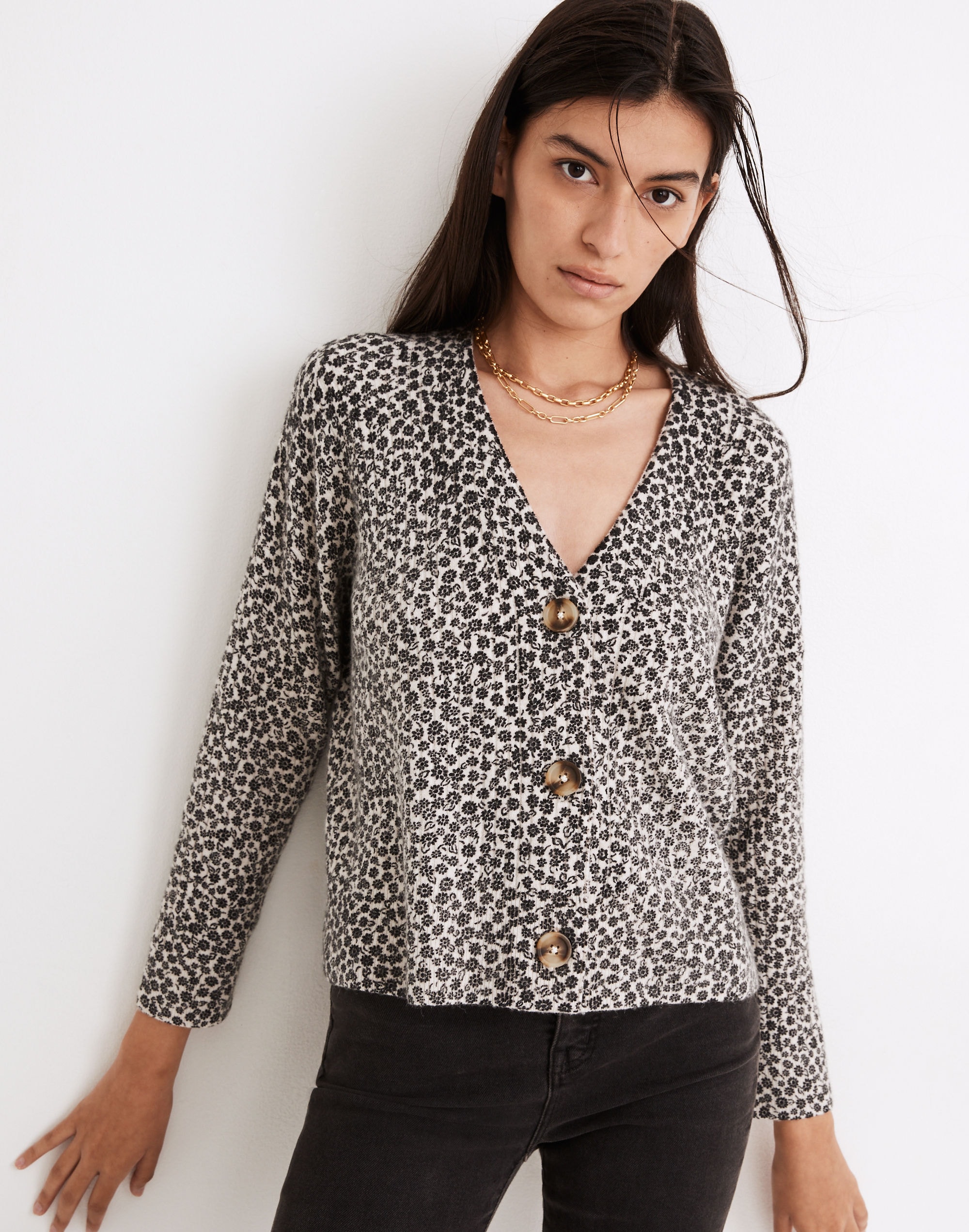 Vintage Ditsy Cameron Ribbed Cardigan Sweater in Coziest Yarn