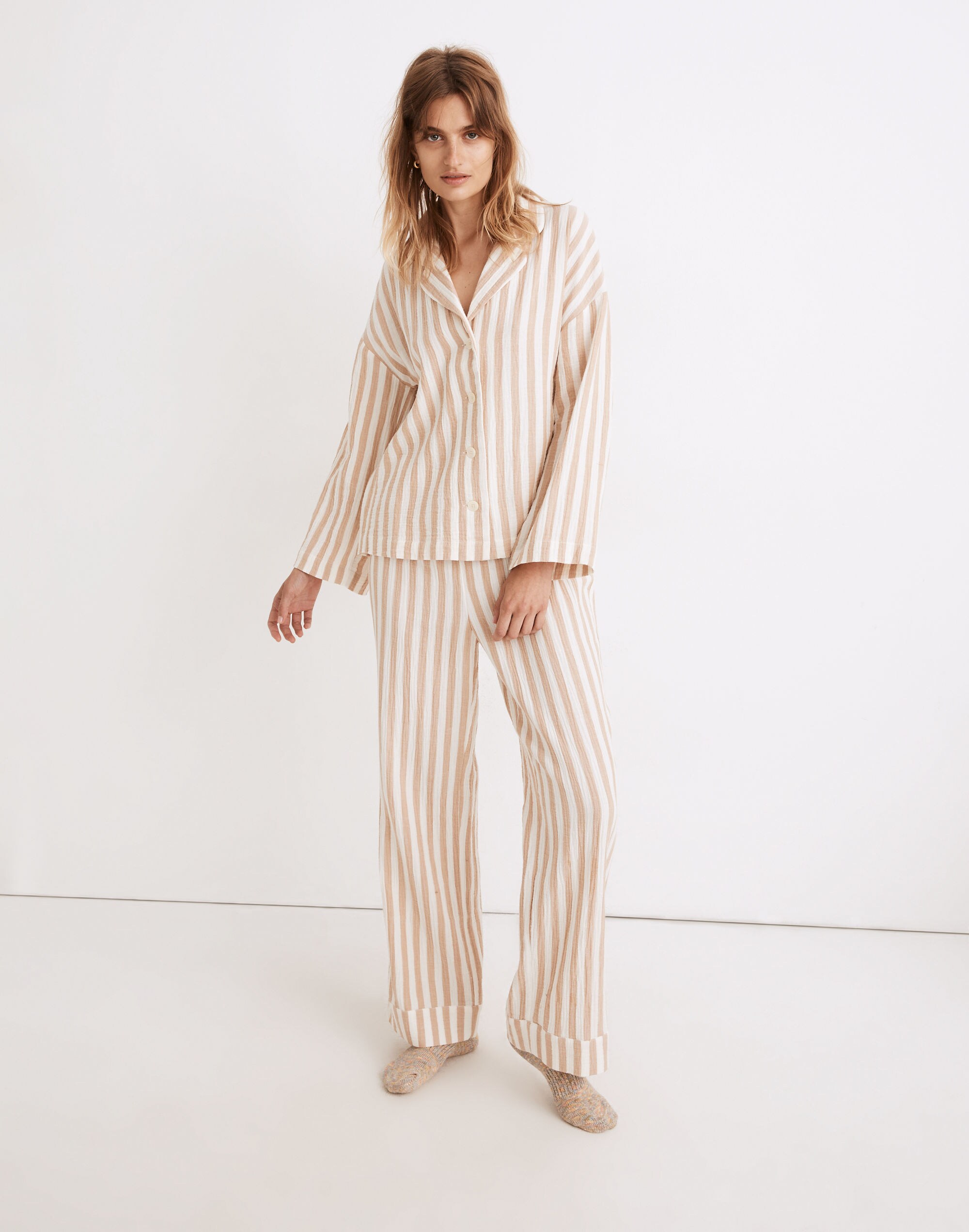 Striped Double-Gauze Oversized Pajama Shirt